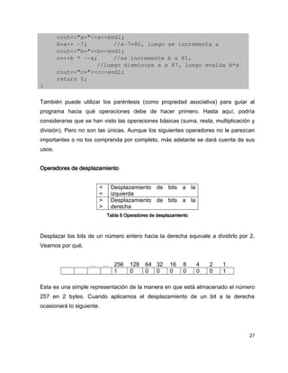 cout<<"a="<<a<<endl;
        b=a++ ­7;        //a­7=80, luego se incrementa a
        cout<<"b="<<b<<endl;
        c=++b * ­­a;     //se incremente b a 81,
                    //luego disminuye a a 87, luego evalúa b*a
        cout<<"c="<<c<<endl;
        return 0;
}

También puede utilizar los paréntesis (como propiedad asociativa) para guiar al
programa hacia qué operaciones debe de hacer primero. Hasta aquí, podría
considerarse que se han visto las operaciones básicas (suma, resta, multiplicación y
división). Pero no son las únicas. Aunque los siguientes operadores no le parezcan
importantes o no los comprenda por completo, más adelante se dará cuenta de sus
usos.


Operadores de desplazamiento


                        <    Desplazamiento de bits a la
                        <    izquierda
                        >    Desplazamiento de bits a la
                        >    derecha
                            Tabla 6 Operadores de desplazamiento



Desplazar los bits de un número entero hacia la derecha equivale a dividirlo por 2.
Veamos por qué.


                    …       … 256     128    64 32     16    8     4   2   1
                              1       0      0 0       0     0     0   0   1

Esta es una simple representación de la manera en que está almacenado el número
257 en 2 bytes. Cuando aplicamos el desplazamiento de un bit a la derecha
ocasionará lo siguiente.




                                                                                 27
 
