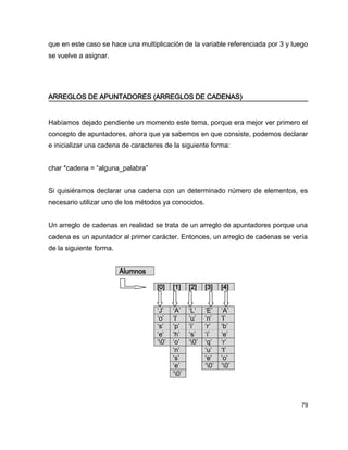 que en este caso se hace una multiplicación de la variable referenciada por 3 y luego
se vuelve a asignar.




ARREGLOS DE APUNTADORES (ARREGLOS DE CADENAS)


Habíamos dejado pendiente un momento este tema, porque era mejor ver primero el
concepto de apuntadores, ahora que ya sabemos en que consiste, podemos declarar
e inicializar una cadena de caracteres de la siguiente forma:


char *cadena = “alguna_palabra”


Si quisiéramos declarar una cadena con un determinado número de elementos, es
necesario utilizar uno de los métodos ya conocidos.


Un arreglo de cadenas en realidad se trata de un arreglo de apuntadores porque una
cadena es un apuntador al primer carácter. Entonces, un arreglo de cadenas se vería
de la siguiente forma.


                         Alumnos

                                    [0]    [1]    [2]    [3]    [4]


                                    ‘J’    ‘A’    ‘L’    ‘E’    ‘A’
                                    ‘o’    ‘l’    ‘u’    ‘n’    ‘l’
                                    ‘s’    ‘p’    ‘i’    ‘r’    ‘b’
                                    ‘e’    ‘h’    ‘s’    ‘i’    ‘e’
                                    ‘0’   ‘o’    ‘0’   ‘q’    ‘r’
                                           ‘n’           ‘u’    ‘t’
                                           ‘s’           ‘e’    ‘o’
                                           ‘e’           ‘0’   ‘0’
                                           ‘0’



                                                                                  79
 