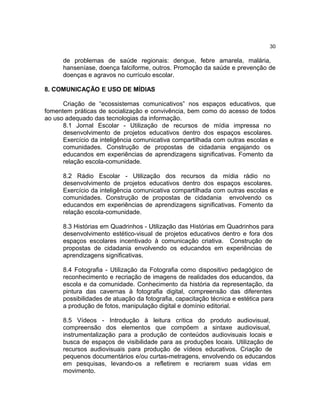 30

de problemas de saúde regionais: dengue, febre amarela, malária,
hanseníase, doença falciforme, outros. Promoção da saúde e prevenção de
doenças e agravos no currículo escolar.
8. COMUNICAÇÃO E USO DE MÍDIAS
Criação de “ecossistemas comunicativos” nos espaços educativos, que
fomentem práticas de socialização e convivência, bem como do acesso de todos
ao uso adequado das tecnologias da informação.
8.1 Jornal Escolar - Utilização de recursos de mídia impressa no
desenvolvimento de projetos educativos dentro dos espaços escolares.
Exercício da inteligência comunicativa compartilhada com outras escolas e
comunidades. Construção de propostas de cidadania engajando os
educandos em experiências de aprendizagens significativas. Fomento da
relação escola-comunidade.
8.2 Rádio Escolar - Utilização dos recursos da mídia rádio no
desenvolvimento de projetos educativos dentro dos espaços escolares.
Exercício da inteligência comunicativa compartilhada com outras escolas e
comunidades. Construção de propostas de cidadania envolvendo os
educandos em experiências de aprendizagens significativas. Fomento da
relação escola-comunidade.
8.3 Histórias em Quadrinhos - Utilização das Histórias em Quadrinhos para
desenvolvimento estético-visual de projetos educativos dentro e fora dos
espaços escolares incentivado à comunicação criativa. Construção de
propostas de cidadania envolvendo os educandos em experiências de
aprendizagens significativas.
8.4 Fotografia - Utilização da Fotografia como dispositivo pedagógico de
reconhecimento e recriação de imagens de realidades dos educandos, da
escola e da comunidade. Conhecimento da história da representação, da
pintura das cavernas à fotografia digital, compreensão das diferentes
possibilidades de atuação da fotografia, capacitação técnica e estética para
a produção de fotos, manipulação digital e domínio editorial.
8.5 Vídeos - Introdução à leitura crítica do produto audiovisual,
compreensão dos elementos que compõem a sintaxe audiovisual,
instrumentalização para a produção de conteúdos audiovisuais locais e
busca de espaços de visibilidade para as produções locais. Utilização de
recursos audiovisuais para produção de vídeos educativos. Criação de
pequenos documentários e/ou curtas-metragens, envolvendo os educandos
em pesquisas, levando-os a refletirem e recriarem suas vidas em
movimento.

 