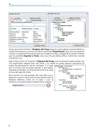 Especialización docente de nivel superior en educación y TIC
6
Vemos que la herramienta 1 Desglose del Cmap presenta cuatro solapas correspondientes a
sendas herramientas. La primera de ellas es la llamada Proposiciones, que como se puede ver
muestra un listado de las proposiciones que integran el mapa, y debajo de la ventana el botón
que nos posibilita Exportar a Texto, cosa muy útil para leerlas offline, imprimirlas, hacerles
anotaciones, etc.
Algo similar ocurre con la opción 2 Esquema del Cmap, que nos brinda el mapa también con
una organización espacial pero más lineal, y en donde se puede observar claramente los
niveles de jerarquización de los conceptos. Y al igual
que en el otro caso se puede exportar a texto plano.
Siguiendo el ejemplo, el contenido del archivo de texto
se vería del siguiente modo:
Para terminar con este episodio sólo resta decir que si
deseamos cerrar la nueva ventana que apareció para el
desglose debemos pulsar en el signo – que se
encuentra en la parte superior derecha de la ventana:
21
 