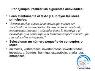Por ejemplo, realizar las siguientes actividades: Lean atentamente el texto y subrayar las ideas principales. “ Existen muchas clases de animales que pueden ser vertebrados o invertebrados. Dentro de los invertebrados encontramos insectos y arácnidos como la hormiga o el escarabajo y la araña roja o la tarántula respectivamente, que son todos ellos artrópodos.” Seleccionar un número pequeño de conceptos o ideas. animales, vertebrados, invertebrados, invertebrados, insectos, arácnidos, hormiga, escarabajo, araña roja, artrópodos. 