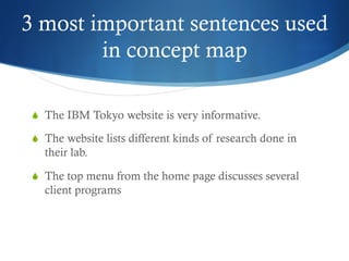 3 most important sentences used 
in concept map 
S The IBM Tokyo website is very informative. 
S The website lists different kinds of research done in 
their lab. 
S The top menu from the home page discusses several 
client programs 
 
