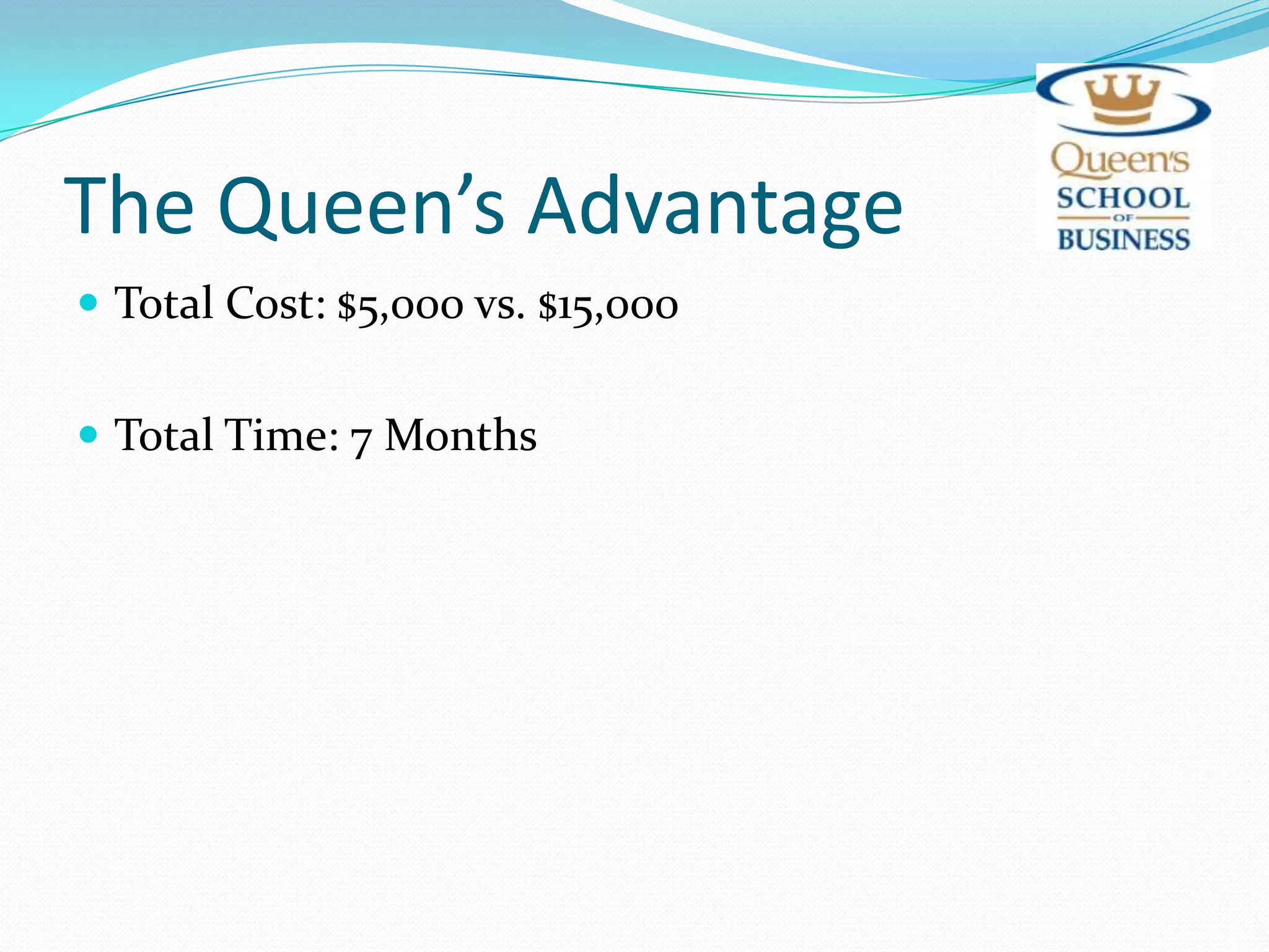 The Queen’s AdvantageTotal Cost: $5,000 vs. $15,000Total Time: 7 Months