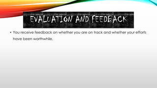 EVALUATION AND FEEDBACK
• You receive feedback on whether you are on track and whether your efforts
have been worthwhile.
 