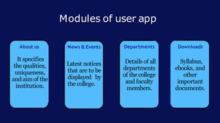 About us
It specifies
the qualities,
uniqueness,
and aimof the
institution.
News & Events Departments
Details of all
departments
of the college
and faculty
members.
Downloads
Syllabus,
ebooks, and
other
important
documents.
Modules of user app
Latest notices
that are to be
displayed by
the college.
 