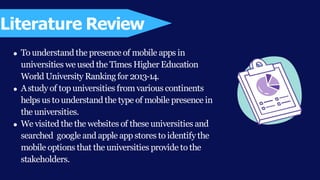 To understand the presence of mobile apps in
universities we used the Times Higher Education
World University Ranking for 2013-14.
Astudy of top universities from various continents
helps us to understand the type of mobile presence in
the universities.
We visited the the websites of these universities and
searched google and apple app stores to identify the
mobile options that the universities provide to the
stakeholders.
Literature Review
 