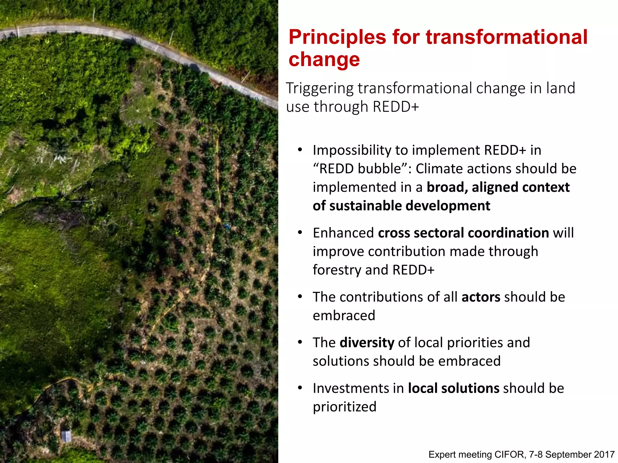 Triggering transformational change in land
use through REDD+
• Impossibility to implement REDD+ in
“REDD bubble”: Climate actions should be
implemented in a broad, aligned context
of sustainable development
• Enhanced cross sectoral coordination will
improve contribution made through
forestry and REDD+
• The contributions of all actors should be
embraced
• The diversity of local priorities and
solutions should be embraced
• Investments in local solutions should be
prioritized
Expert meeting CIFOR, 7-8 September 2017
Principles for transformational
change
 