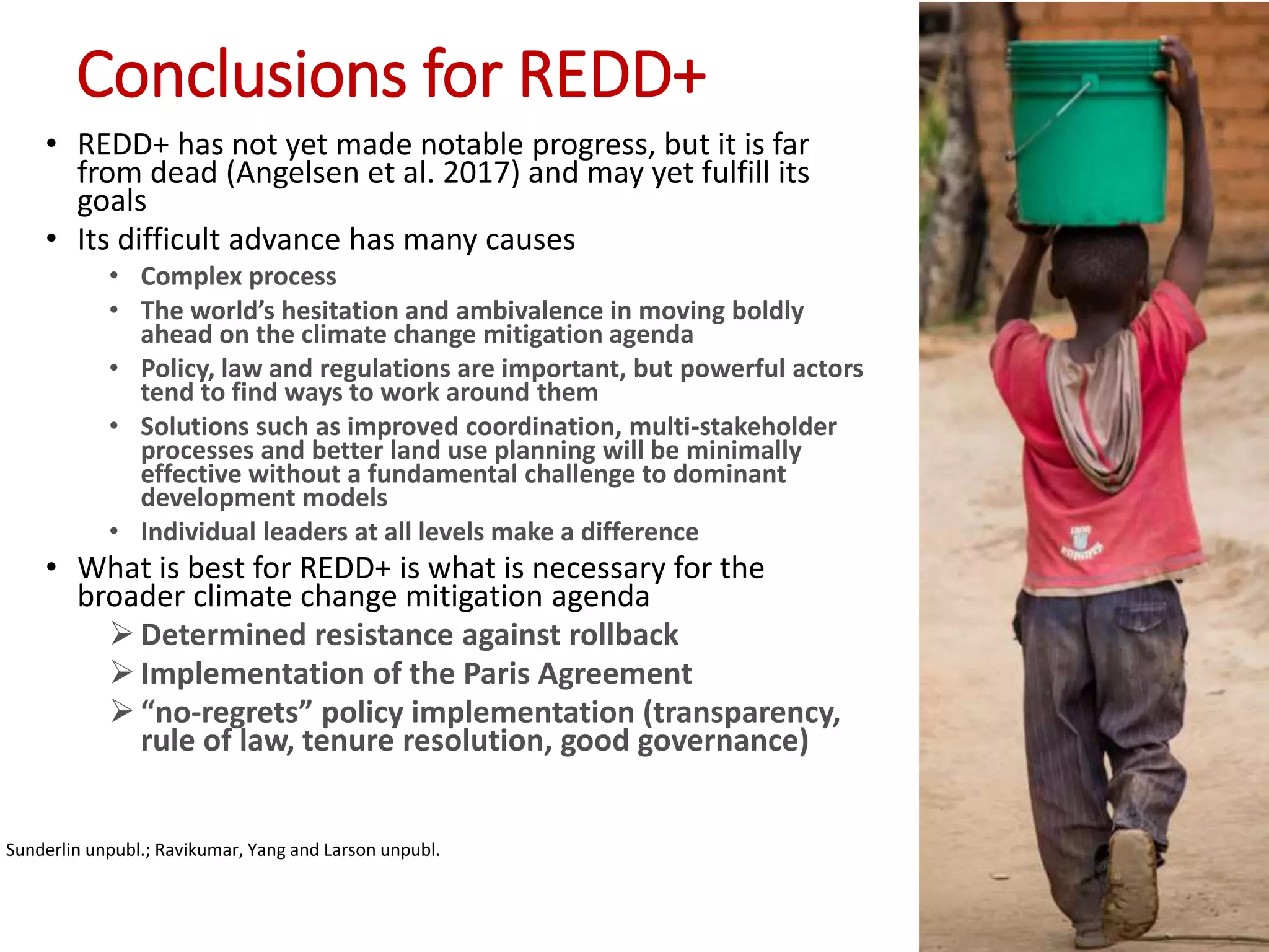 Conclusions for REDD+
• REDD+ has not yet made notable progress, but it is far
from dead (Angelsen et al. 2017) and may yet fulfill its
goals
• Its difficult advance has many causes
• Complex process
• The world’s hesitation and ambivalence in moving boldly
ahead on the climate change mitigation agenda
• Policy, law and regulations are important, but powerful actors
tend to find ways to work around them
• Solutions such as improved coordination, multi-stakeholder
processes and better land use planning will be minimally
effective without a fundamental challenge to dominant
development models
• Individual leaders at all levels make a difference
• What is best for REDD+ is what is necessary for the
broader climate change mitigation agenda
 Determined resistance against rollback
 Implementation of the Paris Agreement
 “no-regrets” policy implementation (transparency,
rule of law, tenure resolution, good governance)
Sunderlin unpubl.; Ravikumar, Yang and Larson unpubl.
 