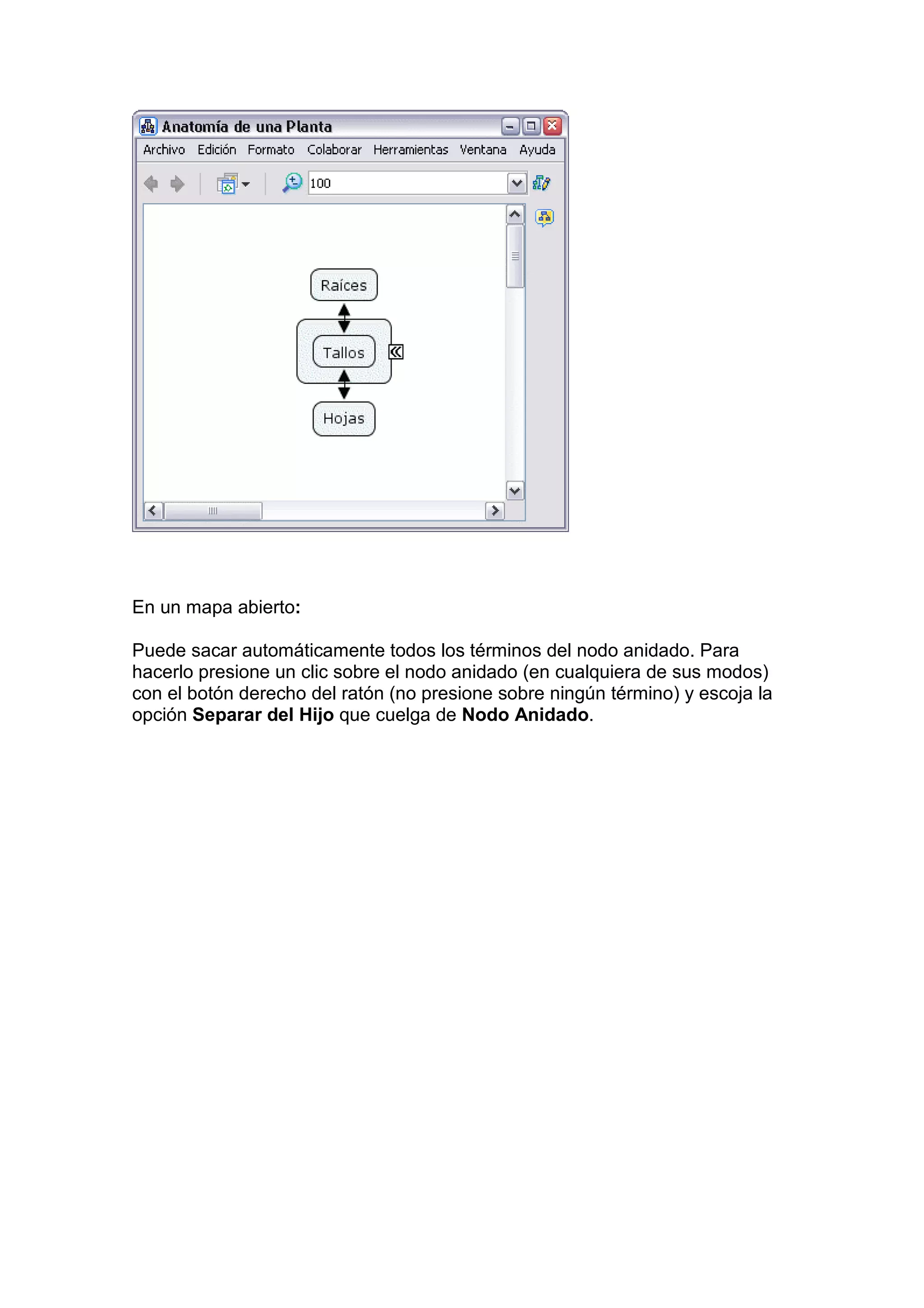 En un mapa abierto:

Puede sacar automáticamente todos los términos del nodo anidado. Para
hacerlo presione un clic sobre el nodo anidado (en cualquiera de sus modos)
con el botón derecho del ratón (no presione sobre ningún término) y escoja la
opción Separar del Hijo que cuelga de Nodo Anidado.
 