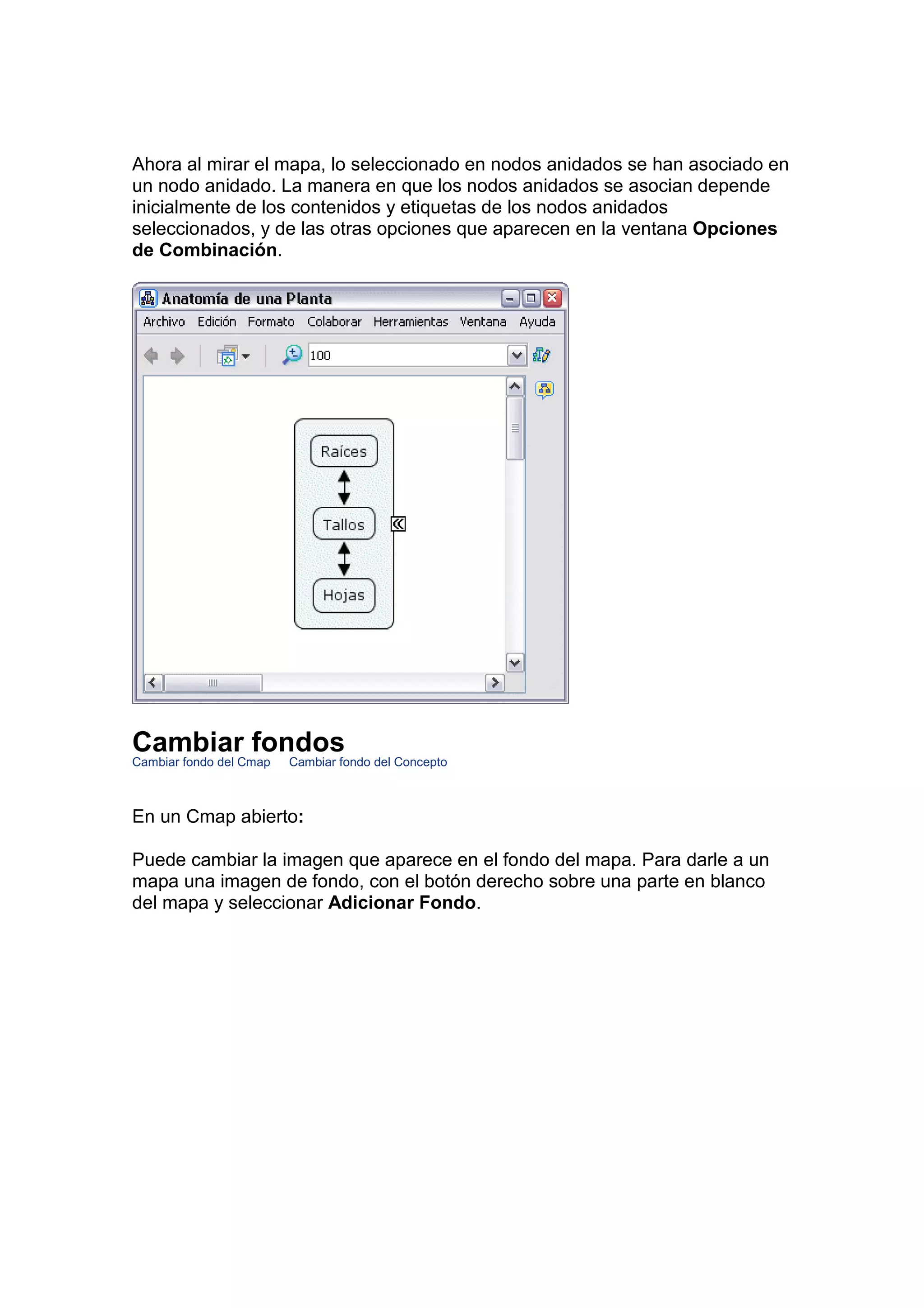 Ahora al mirar el mapa, lo seleccionado en nodos anidados se han asociado en
un nodo anidado. La manera en que los nodos anidados se asocian depende
inicialmente de los contenidos y etiquetas de los nodos anidados
seleccionados, y de las otras opciones que aparecen en la ventana Opciones
de Combinación.




Cambiar fondos
Cambiar fondo del Cmap   Cambiar fondo del Concepto



En un Cmap abierto:

Puede cambiar la imagen que aparece en el fondo del mapa. Para darle a un
mapa una imagen de fondo, con el botón derecho sobre una parte en blanco
del mapa y seleccionar Adicionar Fondo.
 