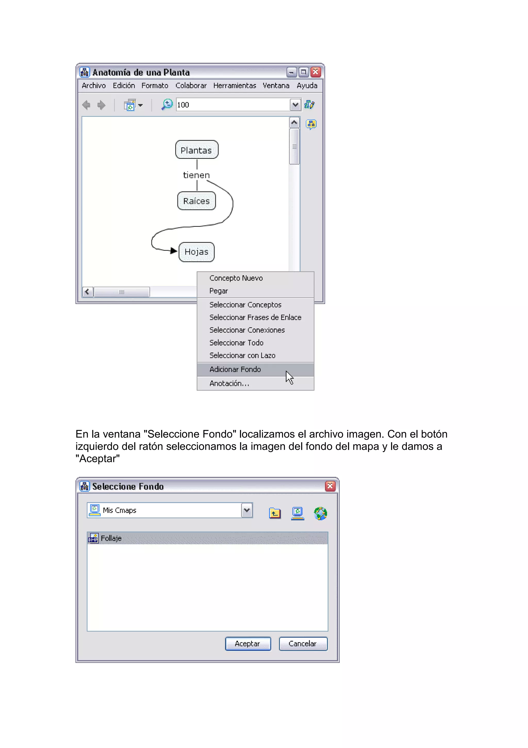 En la ventana "Seleccione Fondo" localizamos el archivo imagen. Con el botón
izquierdo del ratón seleccionamos la imagen del fondo del mapa y le damos a
"Aceptar"
 