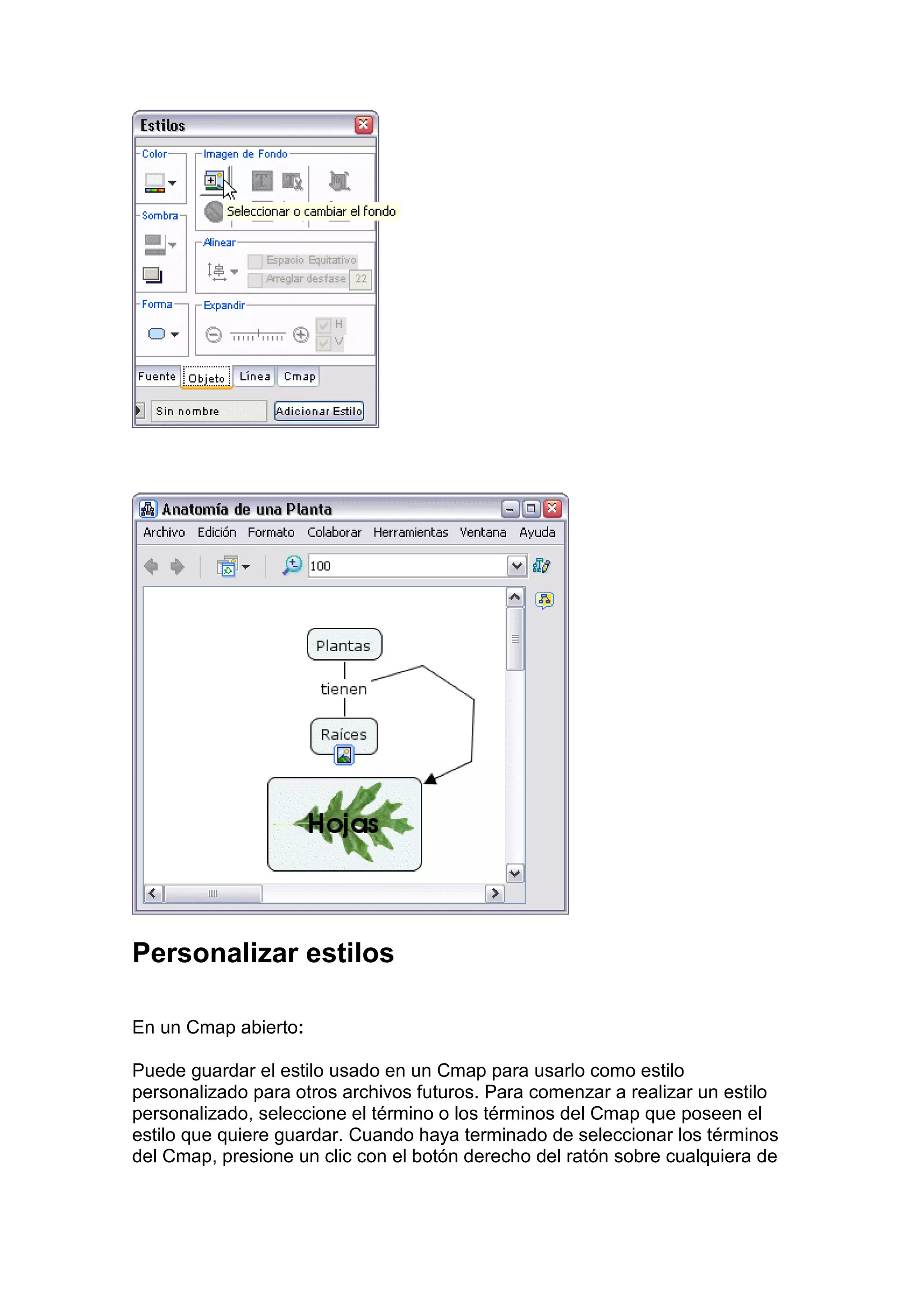 Personalizar estilos

En un Cmap abierto:

Puede guardar el estilo usado en un Cmap para usarlo como estilo
personalizado para otros archivos futuros. Para comenzar a realizar un estilo
personalizado, seleccione el término o los términos del Cmap que poseen el
estilo que quiere guardar. Cuando haya terminado de seleccionar los términos
del Cmap, presione un clic con el botón derecho del ratón sobre cualquiera de
 