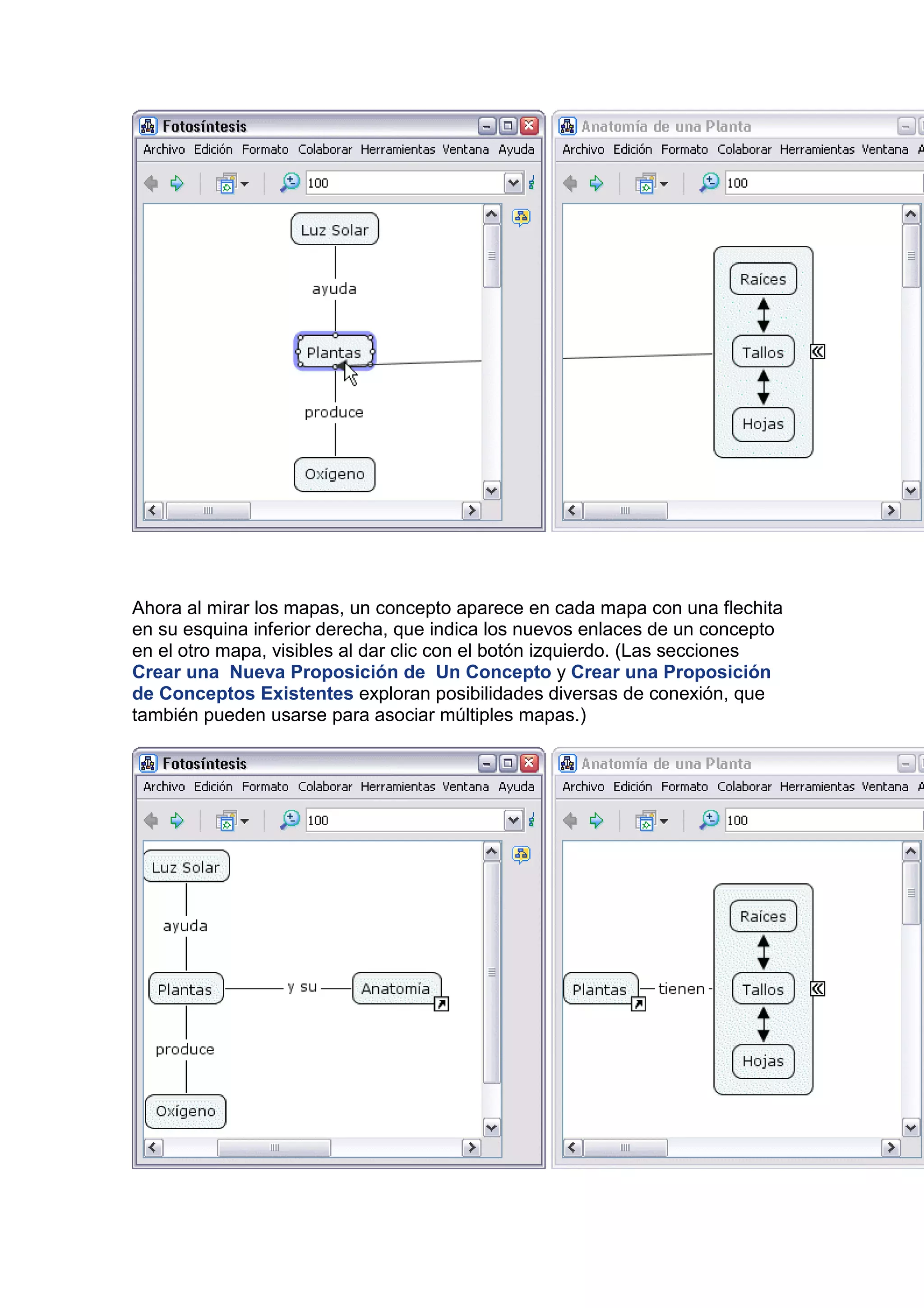Ahora al mirar los mapas, un concepto aparece en cada mapa con una flechita
en su esquina inferior derecha, que indica los nuevos enlaces de un concepto
en el otro mapa, visibles al dar clic con el botón izquierdo. (Las secciones
Crear una Nueva Proposición de Un Concepto y Crear una Proposición
de Conceptos Existentes exploran posibilidades diversas de conexión, que
también pueden usarse para asociar múltiples mapas.)
 
