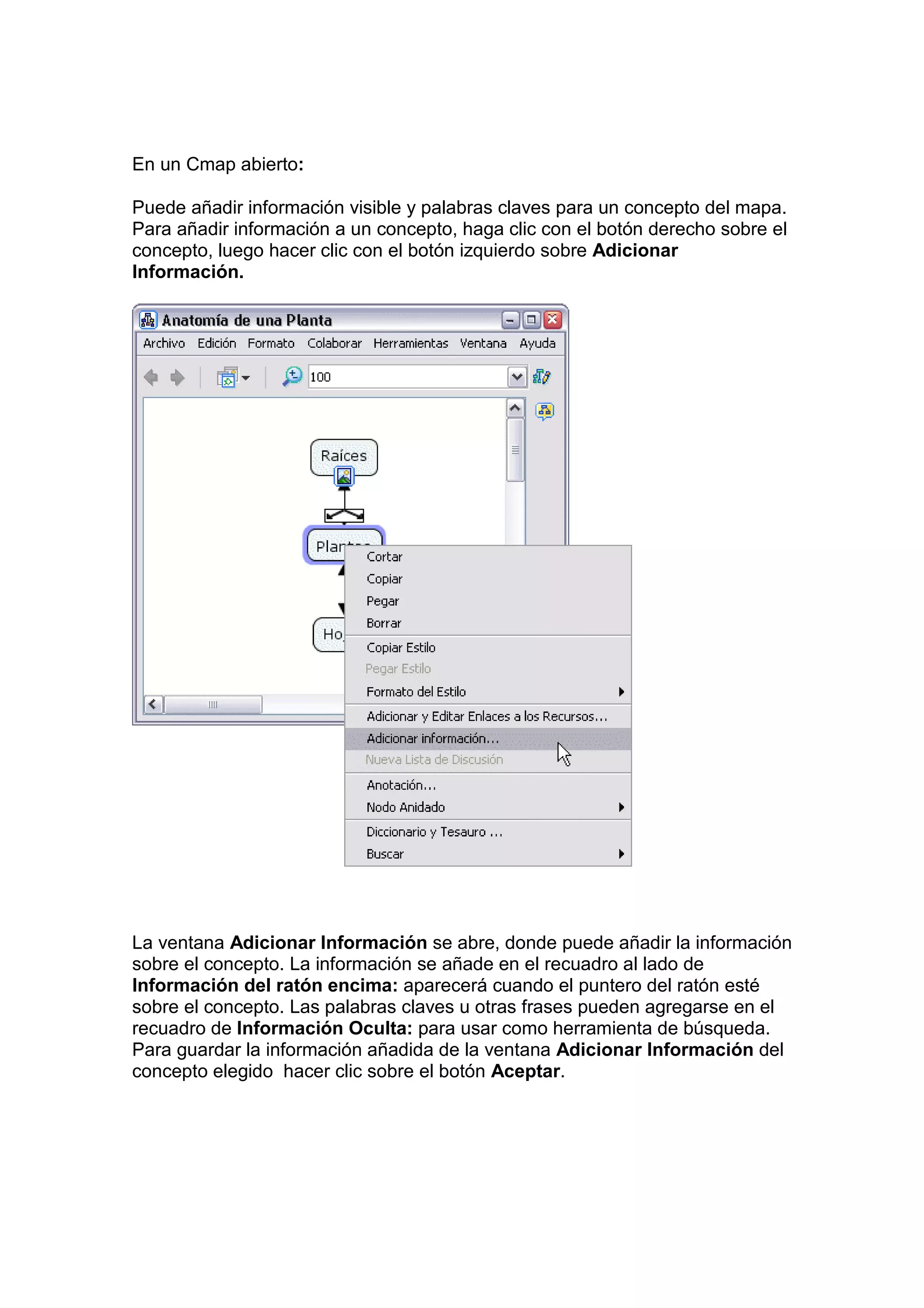 En un Cmap abierto:

Puede añadir información visible y palabras claves para un concepto del mapa.
Para añadir información a un concepto, haga clic con el botón derecho sobre el
concepto, luego hacer clic con el botón izquierdo sobre Adicionar
Información.




La ventana Adicionar Información se abre, donde puede añadir la información
sobre el concepto. La información se añade en el recuadro al lado de
Información del ratón encima: aparecerá cuando el puntero del ratón esté
sobre el concepto. Las palabras claves u otras frases pueden agregarse en el
recuadro de Información Oculta: para usar como herramienta de búsqueda.
Para guardar la información añadida de la ventana Adicionar Información del
concepto elegido hacer clic sobre el botón Aceptar.
 