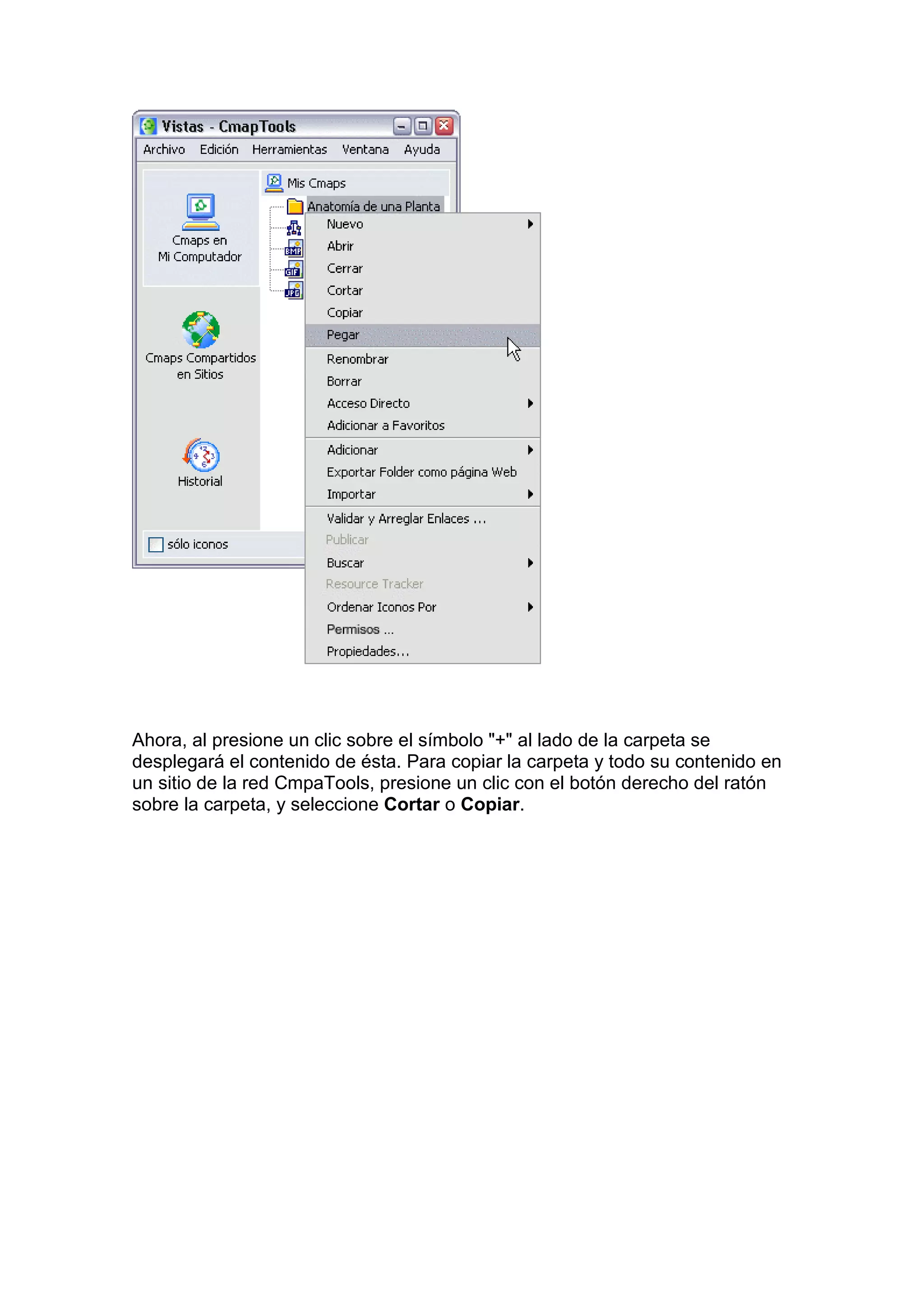 Ahora, al presione un clic sobre el símbolo "+" al lado de la carpeta se
desplegará el contenido de ésta. Para copiar la carpeta y todo su contenido en
un sitio de la red CmpaTools, presione un clic con el botón derecho del ratón
sobre la carpeta, y seleccione Cortar o Copiar.
 