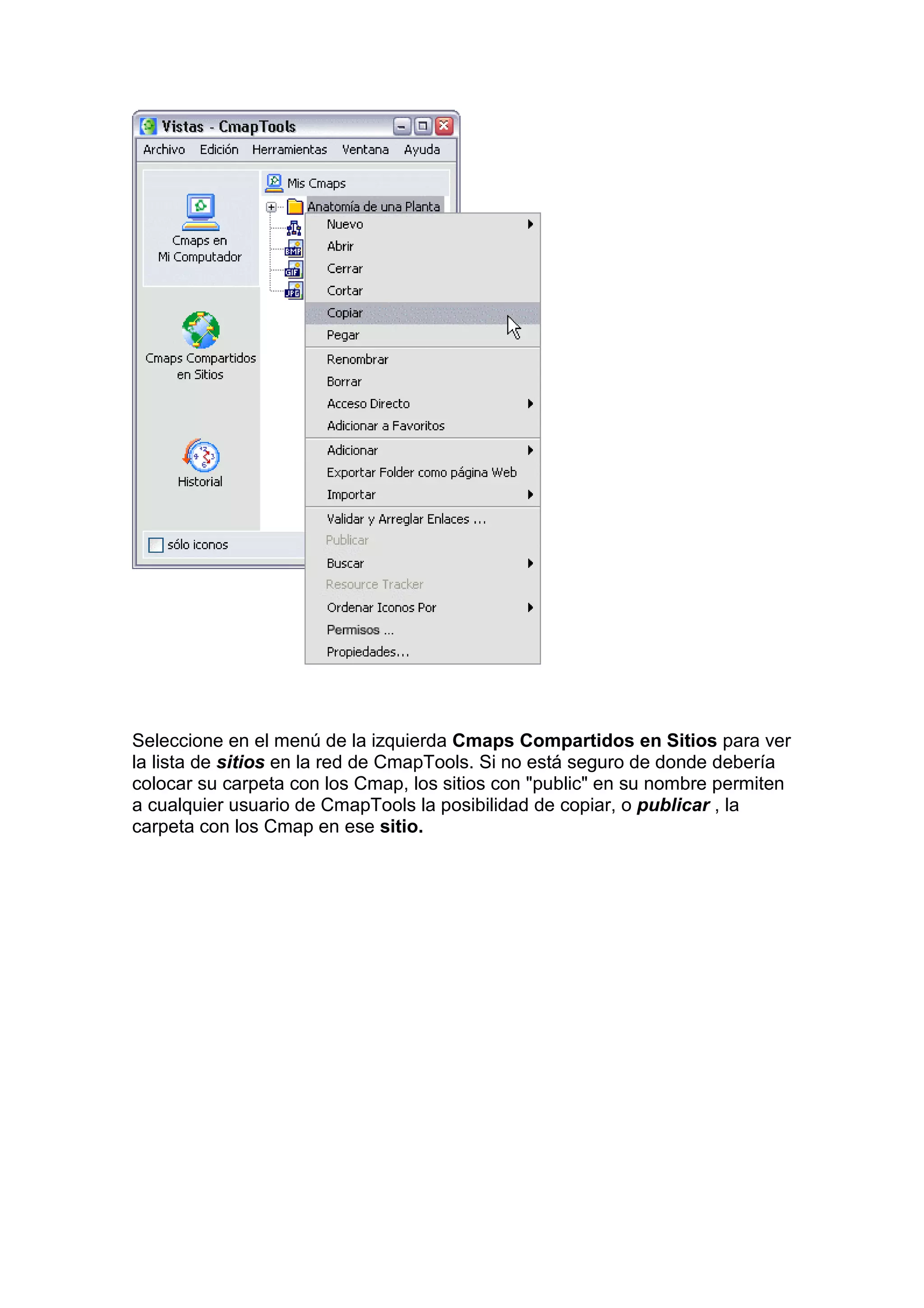 Seleccione en el menú de la izquierda Cmaps Compartidos en Sitios para ver
la lista de sitios en la red de CmapTools. Si no está seguro de donde debería
colocar su carpeta con los Cmap, los sitios con "public" en su nombre permiten
a cualquier usuario de CmapTools la posibilidad de copiar, o publicar , la
carpeta con los Cmap en ese sitio.
 