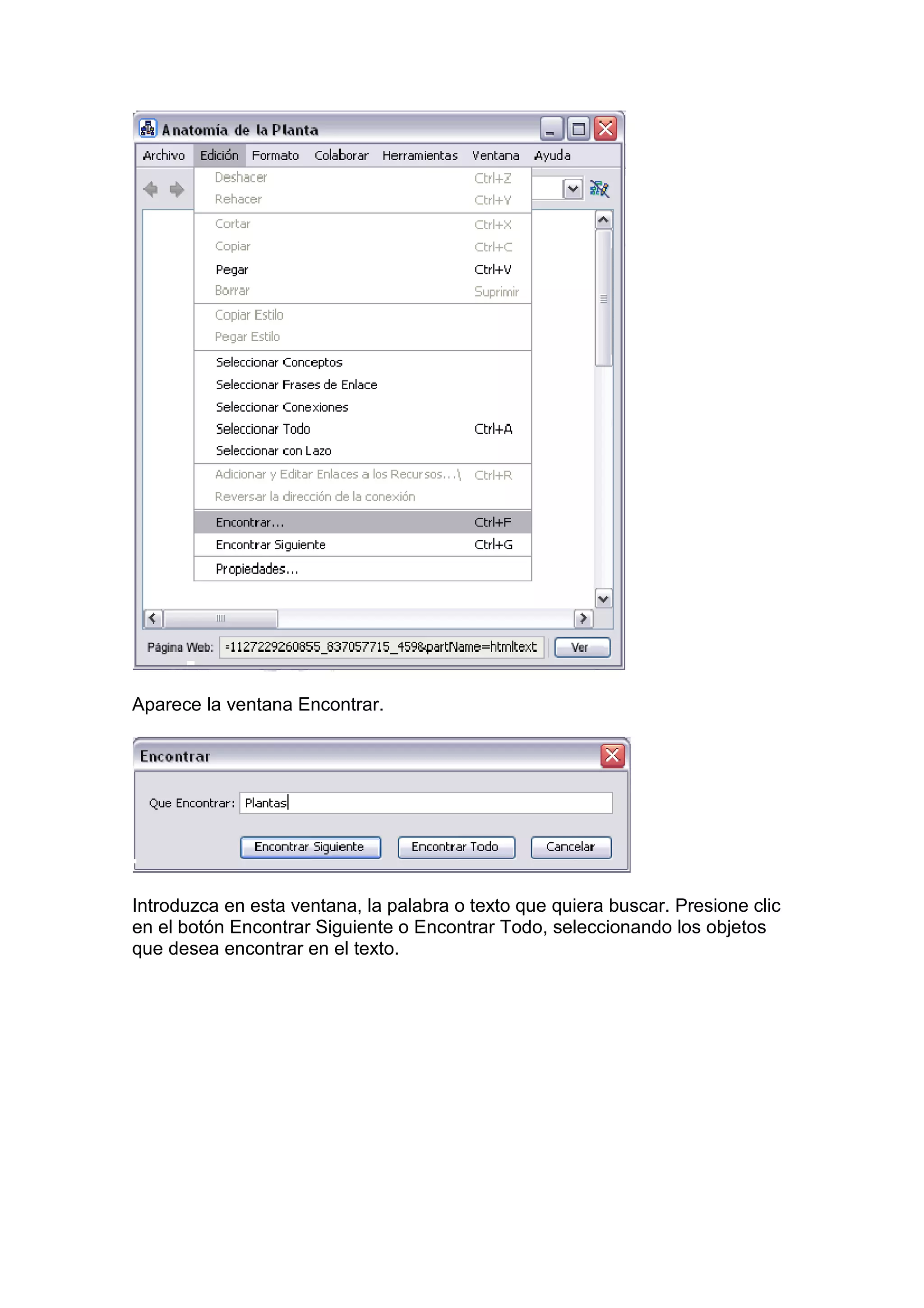 Aparece la ventana Encontrar.




Introduzca en esta ventana, la palabra o texto que quiera buscar. Presione clic
en el botón Encontrar Siguiente o Encontrar Todo, seleccionando los objetos
que desea encontrar en el texto.
 