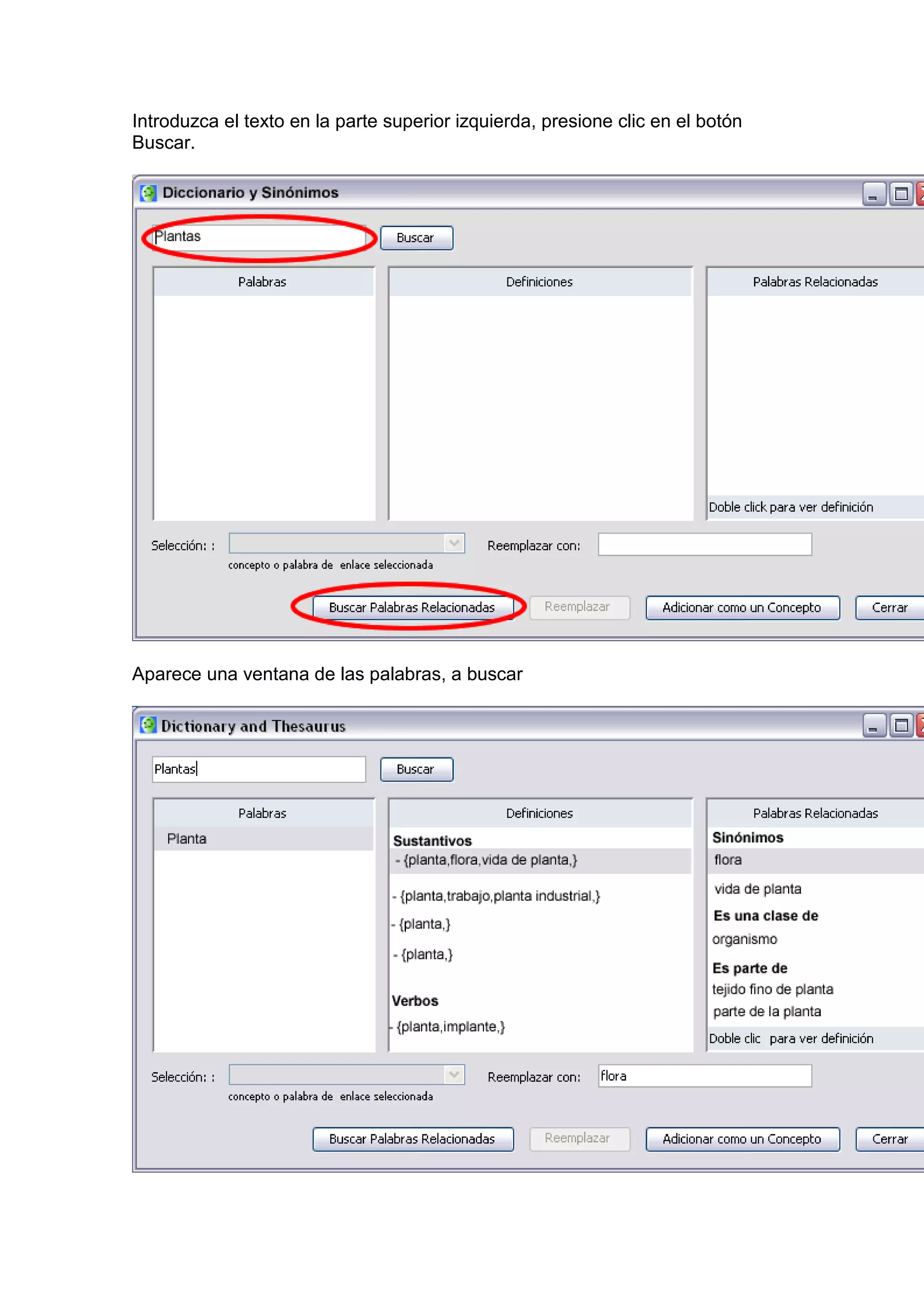 Introduzca el texto en la parte superior izquierda, presione clic en el botón
Buscar.




Aparece una ventana de las palabras, a buscar
 