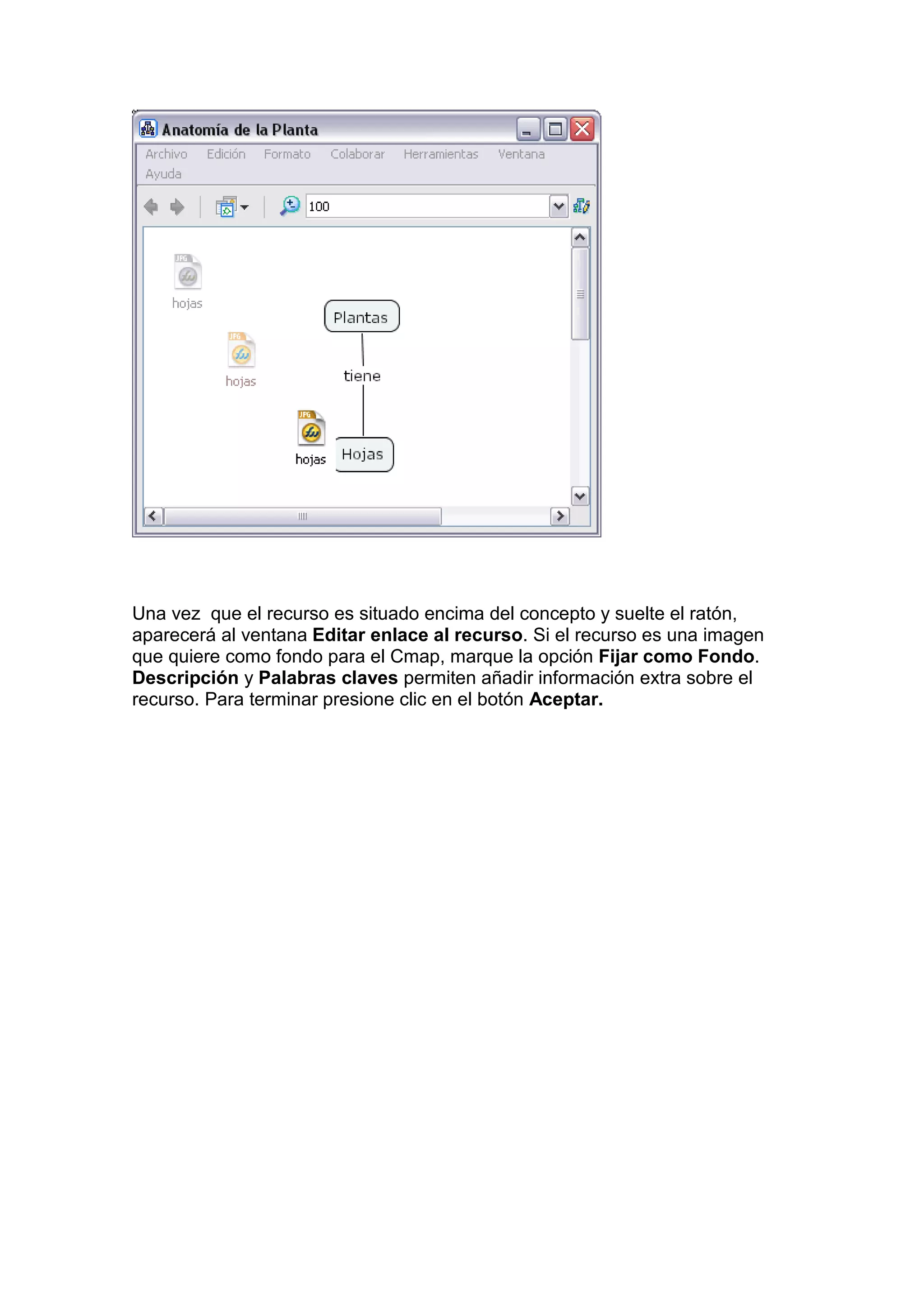 Una vez que el recurso es situado encima del concepto y suelte el ratón,
aparecerá al ventana Editar enlace al recurso. Si el recurso es una imagen
que quiere como fondo para el Cmap, marque la opción Fijar como Fondo.
Descripción y Palabras claves permiten añadir información extra sobre el
recurso. Para terminar presione clic en el botón Aceptar.
 