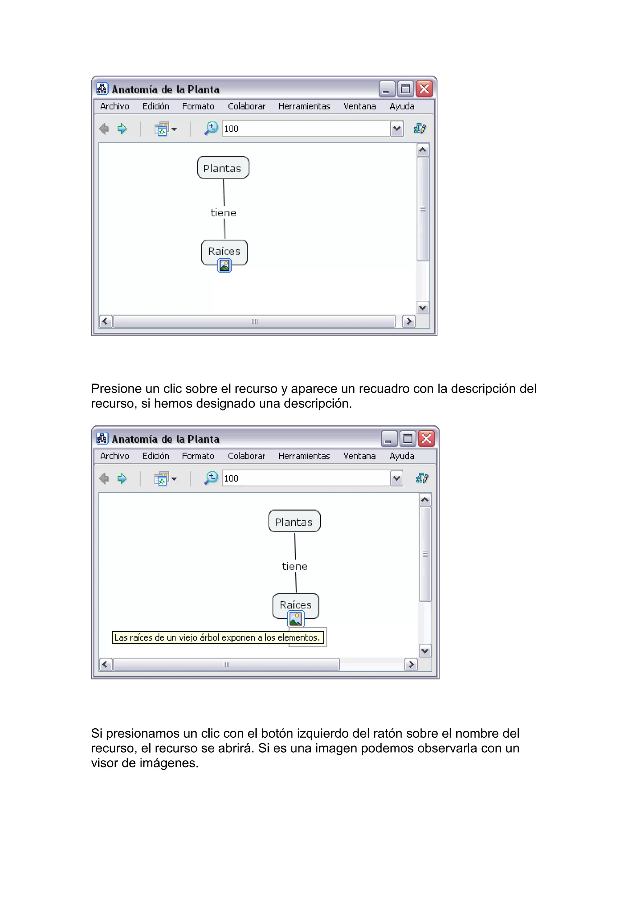 Presione un clic sobre el recurso y aparece un recuadro con la descripción del
recurso, si hemos designado una descripción.




Si presionamos un clic con el botón izquierdo del ratón sobre el nombre del
recurso, el recurso se abrirá. Si es una imagen podemos observarla con un
visor de imágenes.
 