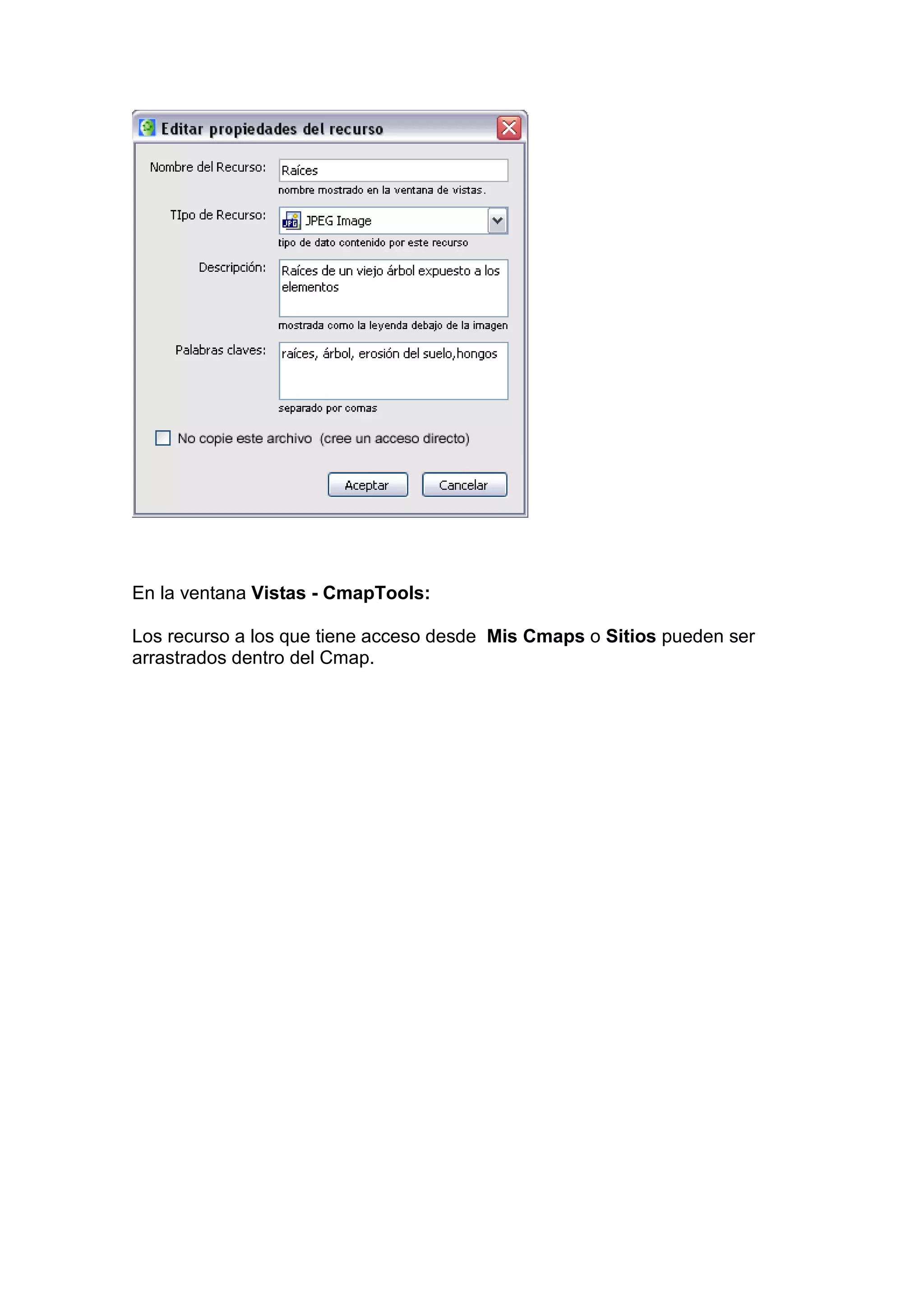 En la ventana Vistas - CmapTools:

Los recurso a los que tiene acceso desde Mis Cmaps o Sitios pueden ser
arrastrados dentro del Cmap.
 