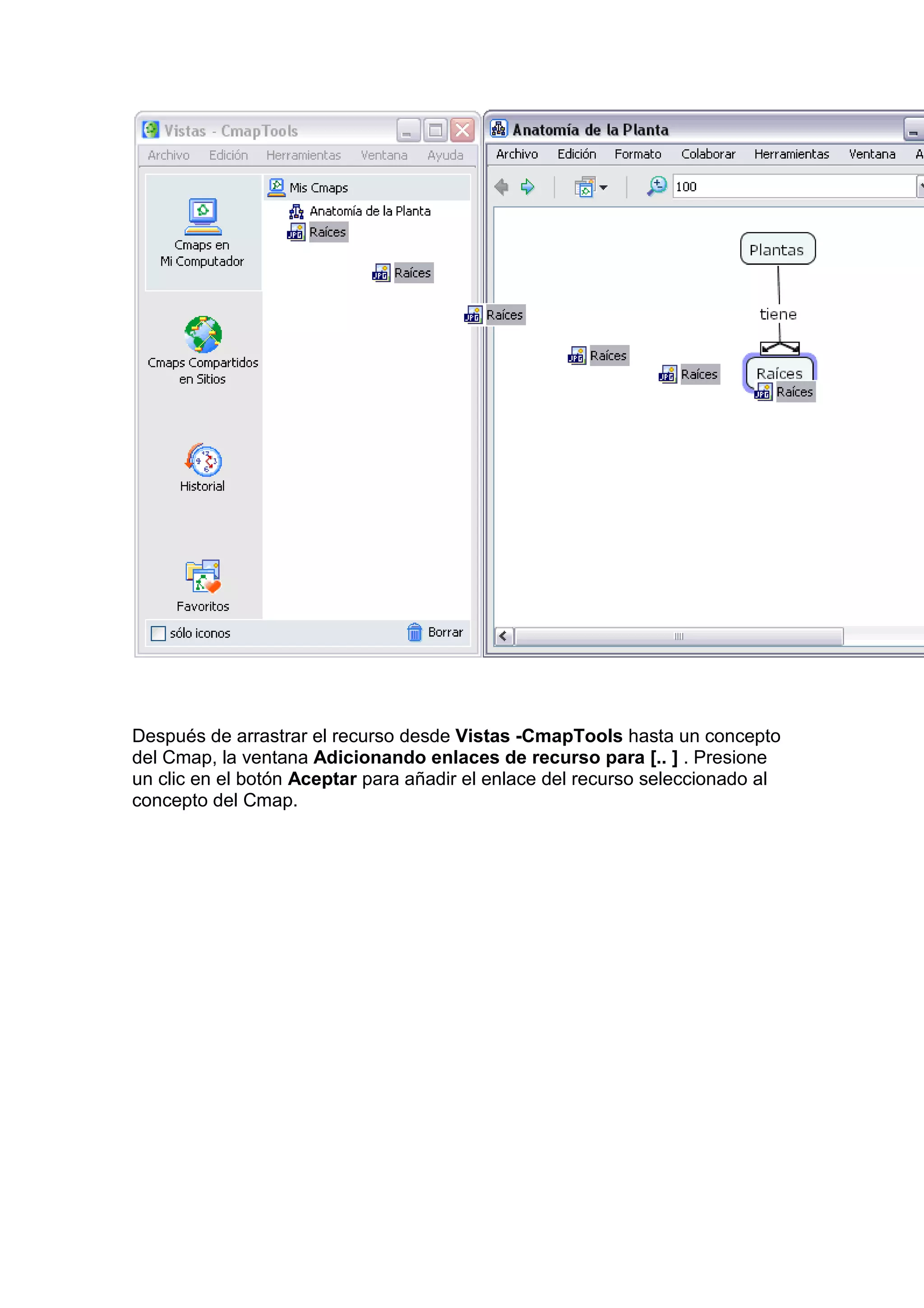 Después de arrastrar el recurso desde Vistas -CmapTools hasta un concepto
del Cmap, la ventana Adicionando enlaces de recurso para [.. ] . Presione
un clic en el botón Aceptar para añadir el enlace del recurso seleccionado al
concepto del Cmap.
 