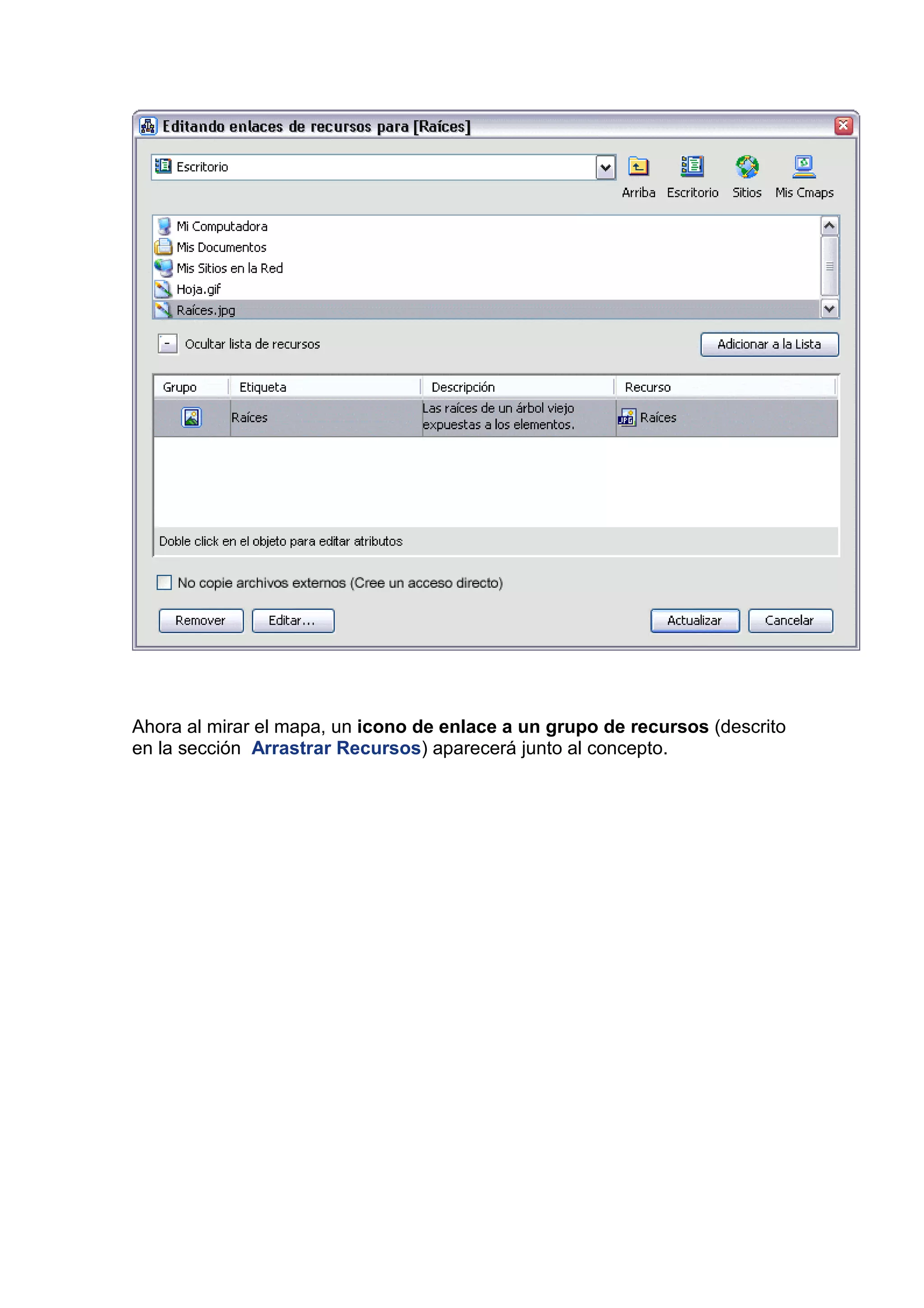Ahora al mirar el mapa, un icono de enlace a un grupo de recursos (descrito
en la sección Arrastrar Recursos) aparecerá junto al concepto.
 