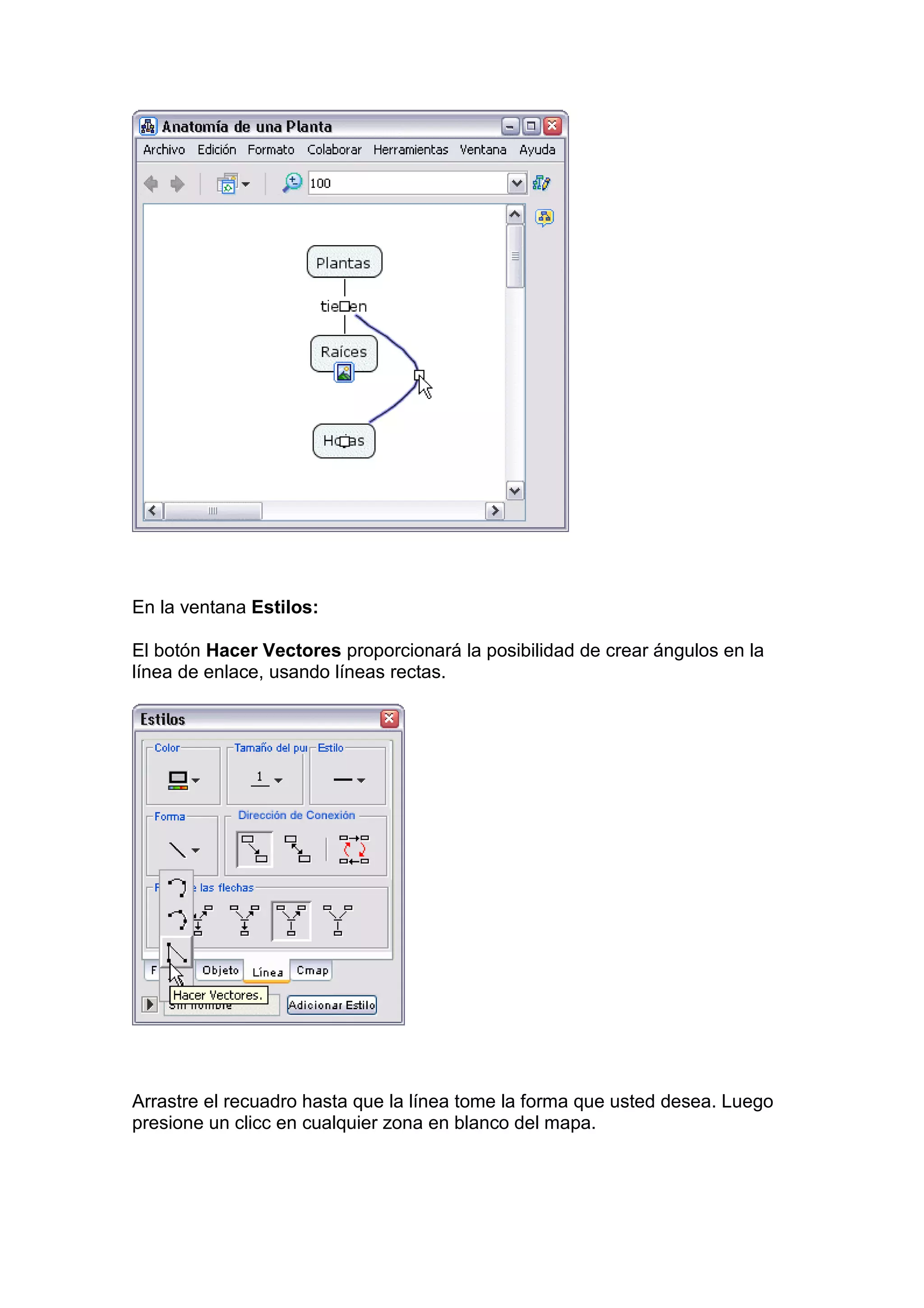 En la ventana Estilos:

El botón Hacer Vectores proporcionará la posibilidad de crear ángulos en la
línea de enlace, usando líneas rectas.




Arrastre el recuadro hasta que la línea tome la forma que usted desea. Luego
presione un clicc en cualquier zona en blanco del mapa.
 