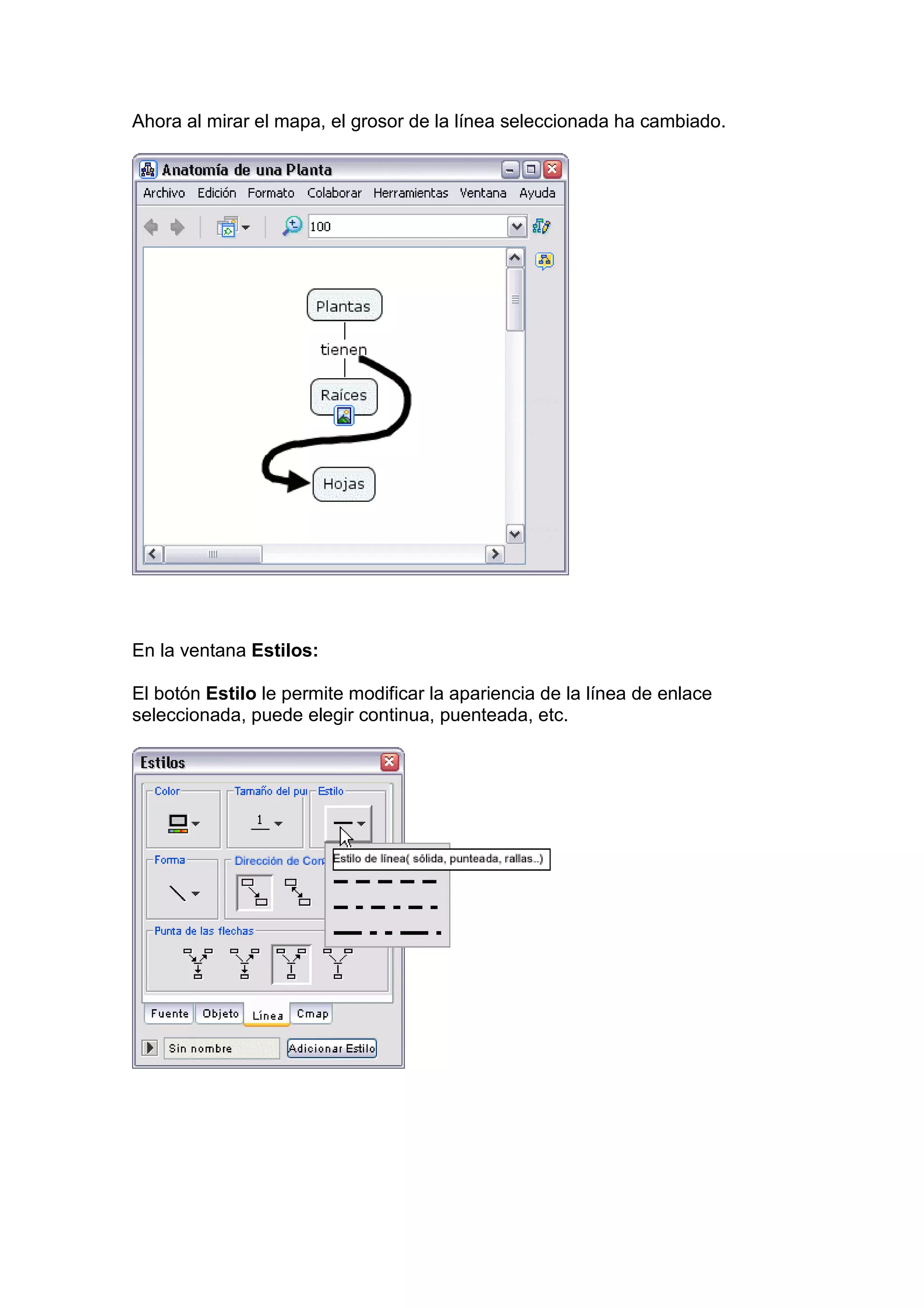Ahora al mirar el mapa, el grosor de la línea seleccionada ha cambiado.




En la ventana Estilos:

El botón Estilo le permite modificar la apariencia de la línea de enlace
seleccionada, puede elegir continua, puenteada, etc.
 