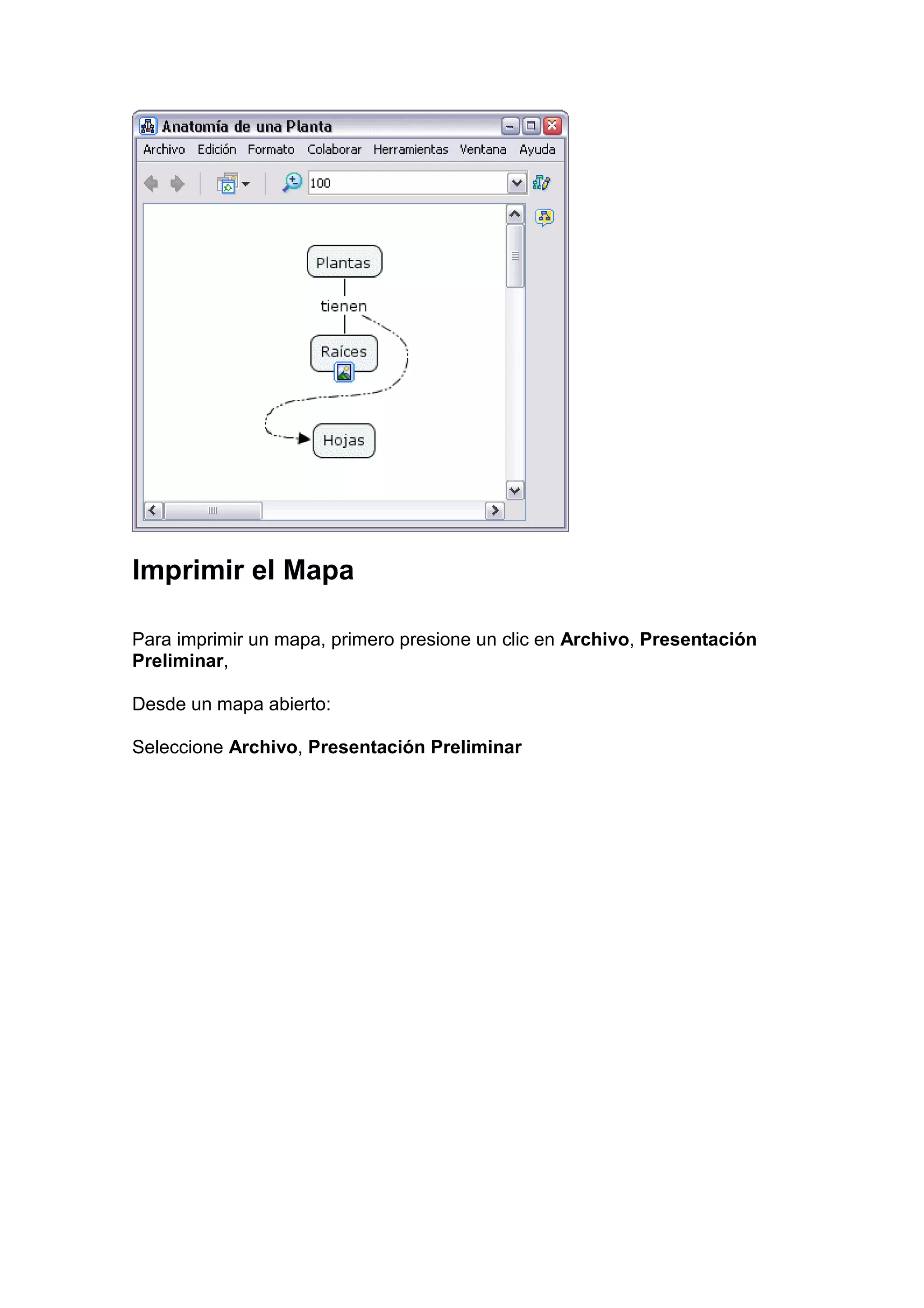 Imprimir el Mapa

Para imprimir un mapa, primero presione un clic en Archivo, Presentación
Preliminar,

Desde un mapa abierto:

Seleccione Archivo, Presentación Preliminar
 