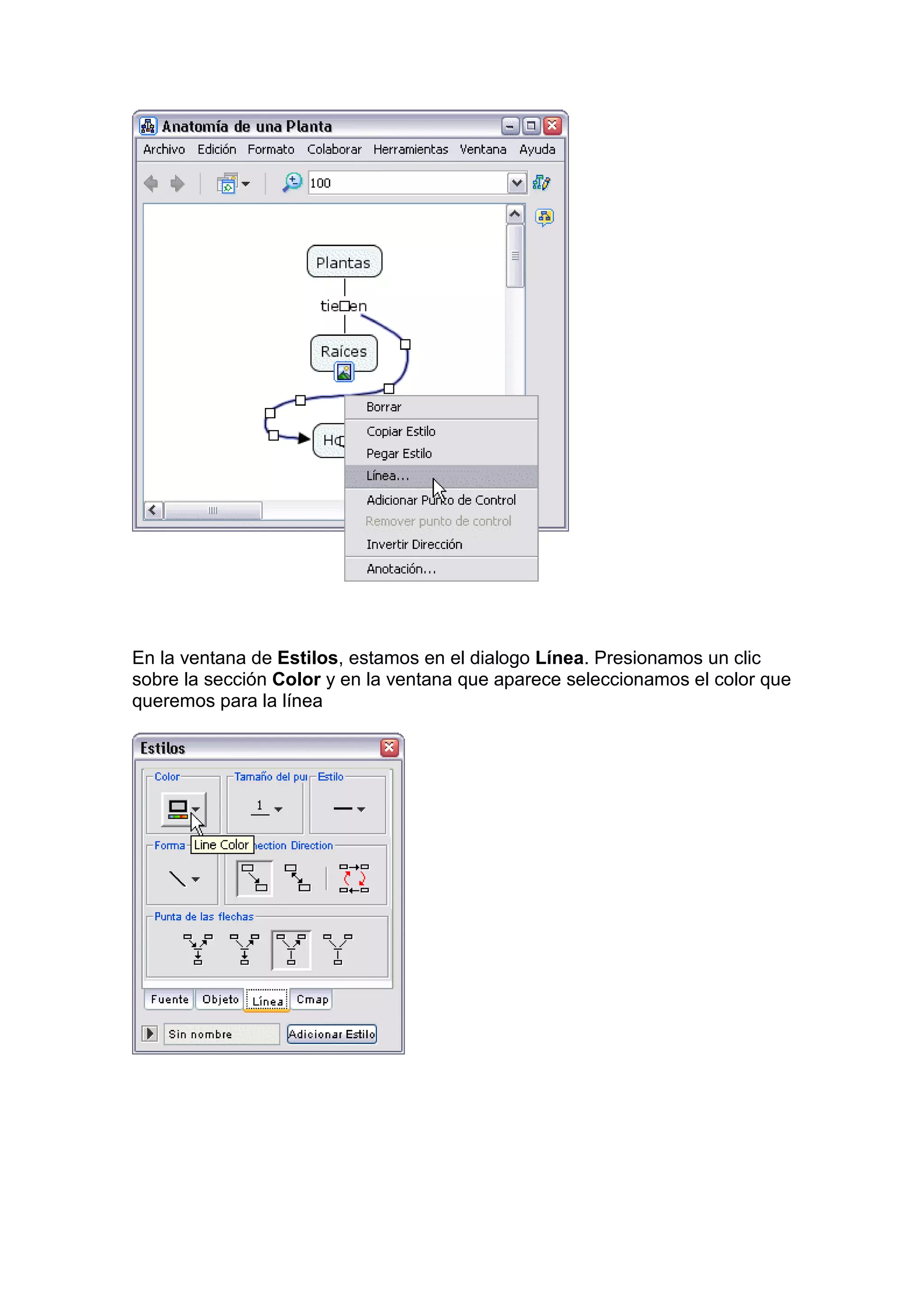En la ventana de Estilos, estamos en el dialogo Línea. Presionamos un clic
sobre la sección Color y en la ventana que aparece seleccionamos el color que
queremos para la línea
 