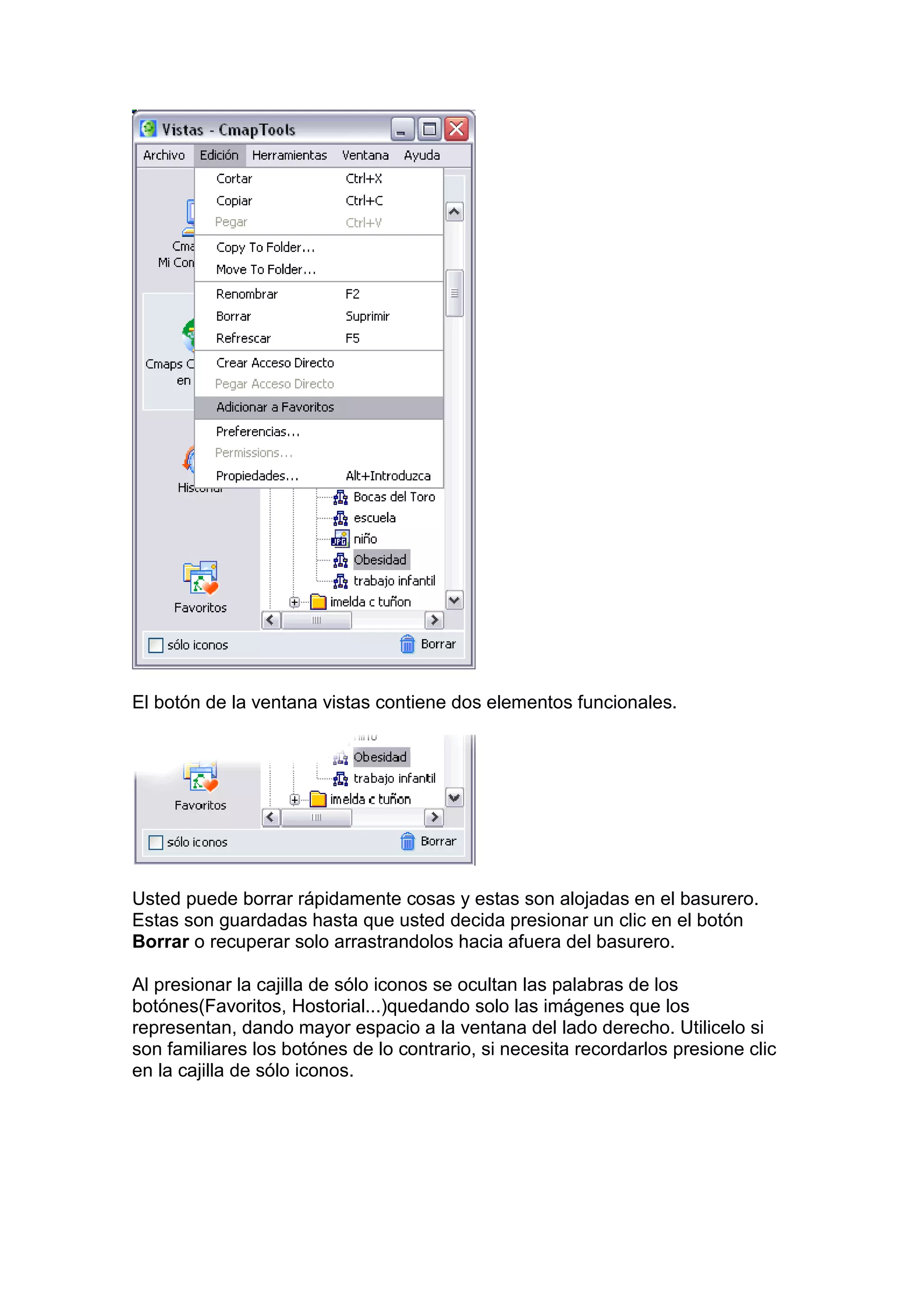 El botón de la ventana vistas contiene dos elementos funcionales.




Usted puede borrar rápidamente cosas y estas son alojadas en el basurero.
Estas son guardadas hasta que usted decida presionar un clic en el botón
Borrar o recuperar solo arrastrandolos hacia afuera del basurero.

Al presionar la cajilla de sólo iconos se ocultan las palabras de los
botónes(Favoritos, Hostorial...)quedando solo las imágenes que los
representan, dando mayor espacio a la ventana del lado derecho. Utilicelo si
son familiares los botónes de lo contrario, si necesita recordarlos presione clic
en la cajilla de sólo iconos.
 
