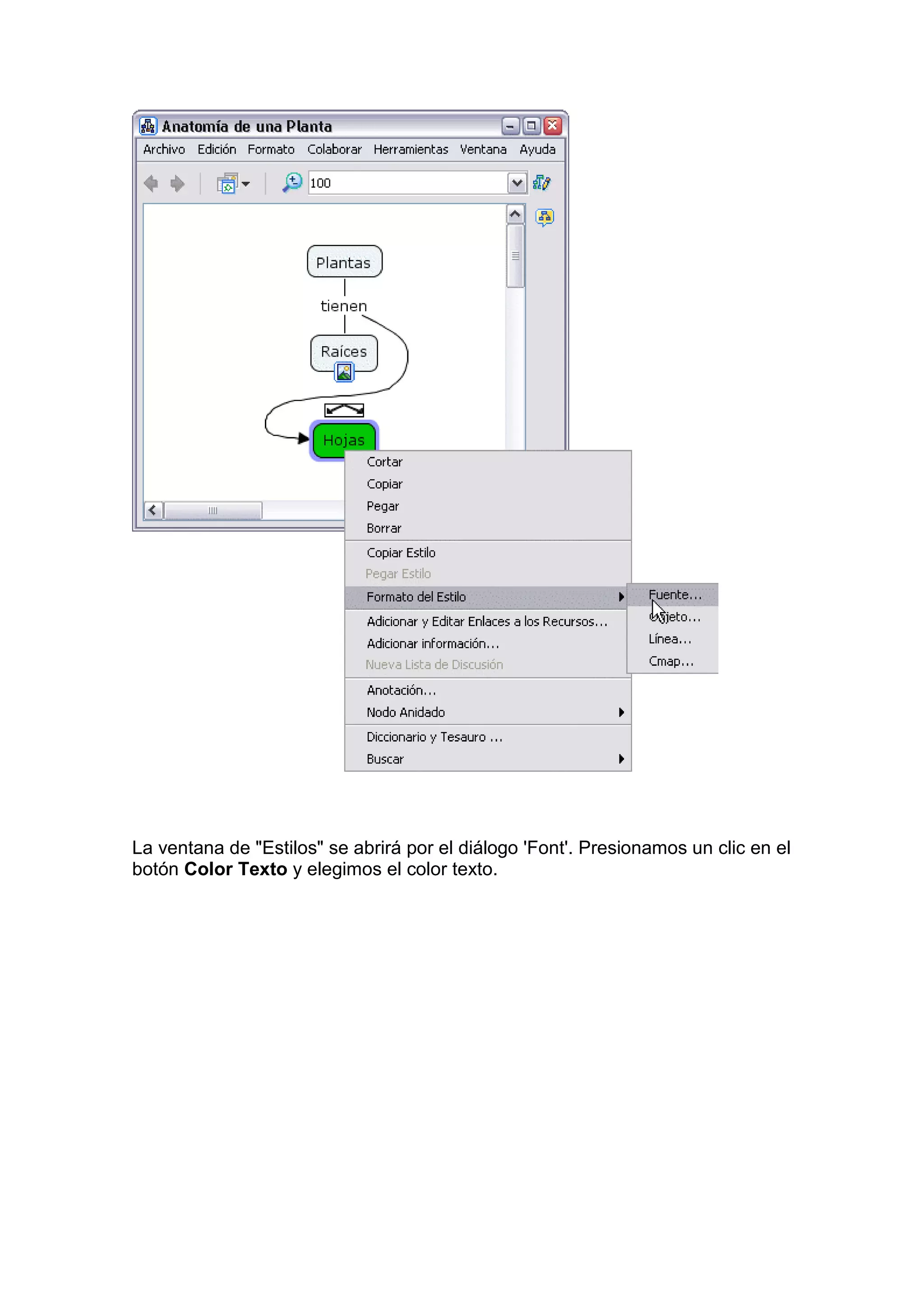 La ventana de "Estilos" se abrirá por el diálogo 'Font'. Presionamos un clic en el
botón Color Texto y elegimos el color texto.
 