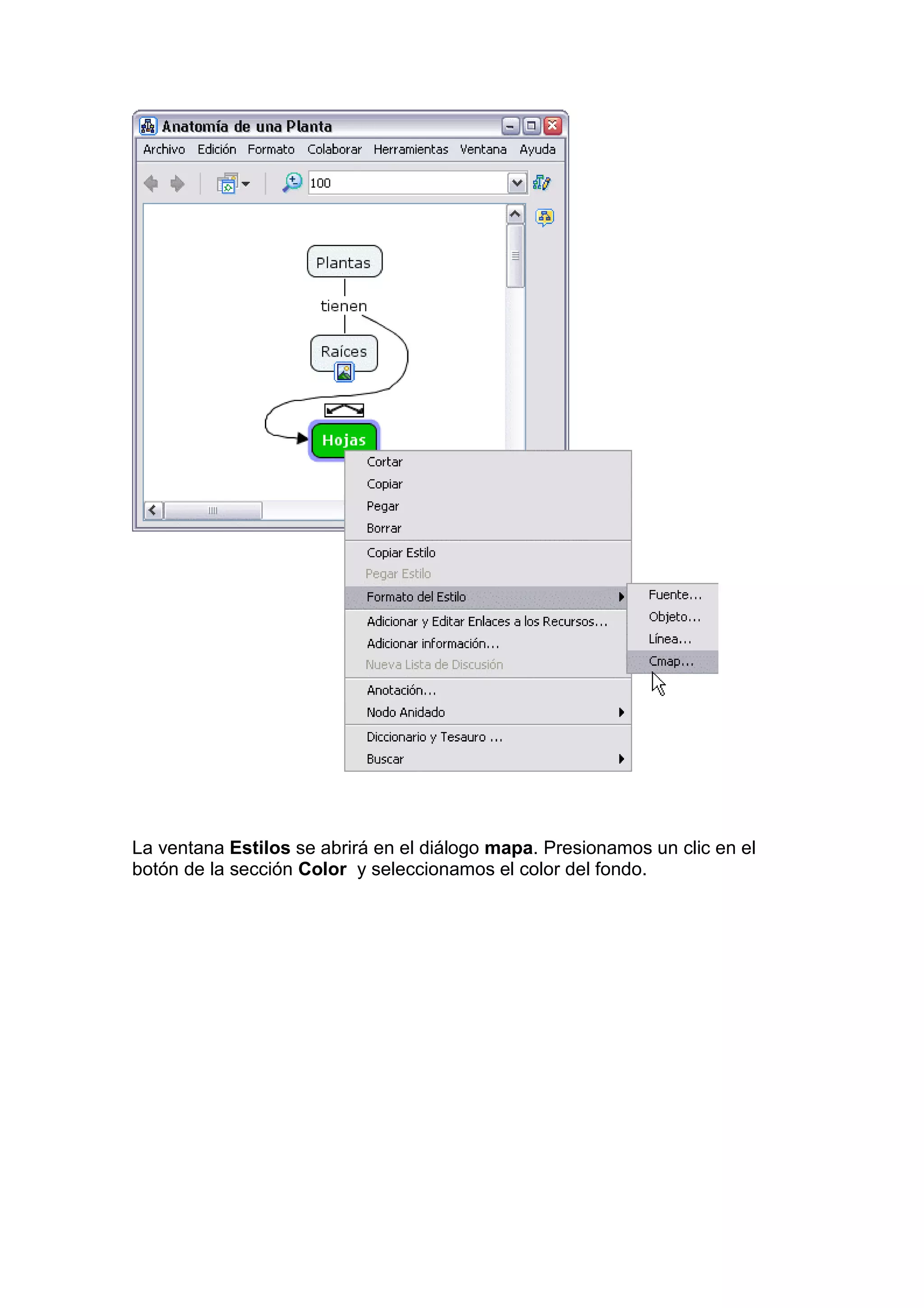 La ventana Estilos se abrirá en el diálogo mapa. Presionamos un clic en el
botón de la sección Color y seleccionamos el color del fondo.
 