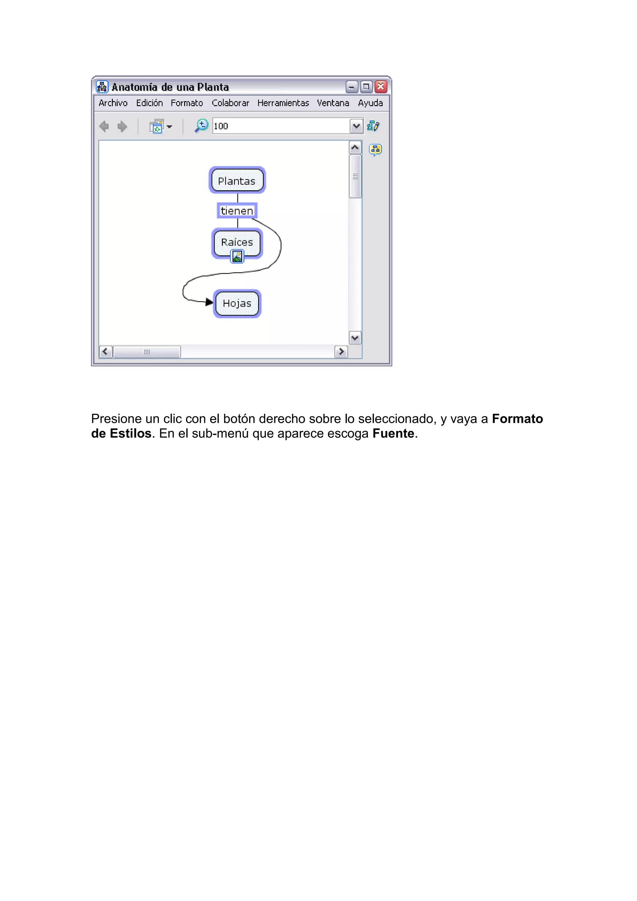 Presione un clic con el botón derecho sobre lo seleccionado, y vaya a Formato
de Estilos. En el sub-menú que aparece escoga Fuente.
 