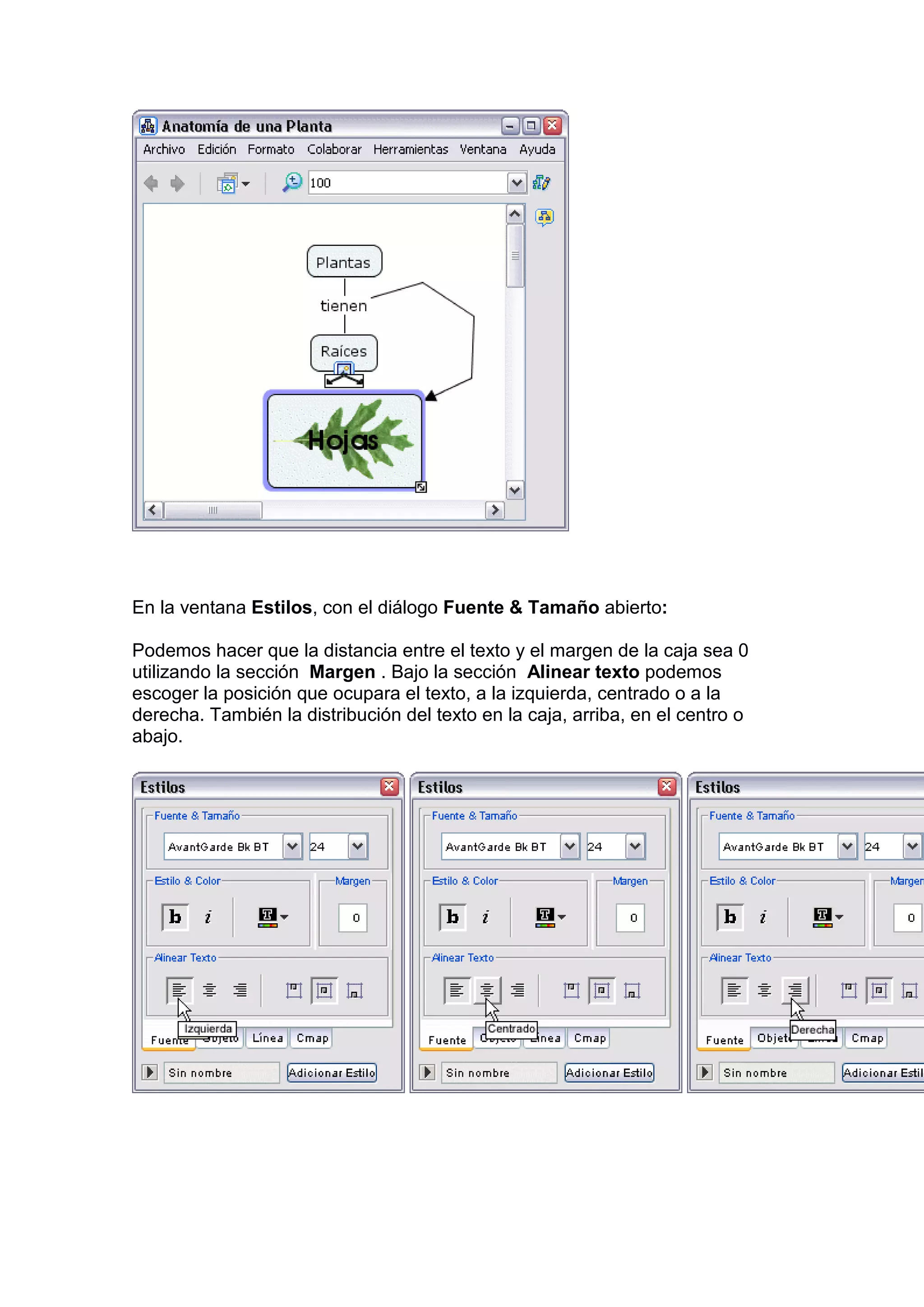 En la ventana Estilos, con el diálogo Fuente & Tamaño abierto:

Podemos hacer que la distancia entre el texto y el margen de la caja sea 0
utilizando la sección Margen . Bajo la sección Alinear texto podemos
escoger la posición que ocupara el texto, a la izquierda, centrado o a la
derecha. También la distribución del texto en la caja, arriba, en el centro o
abajo.
 