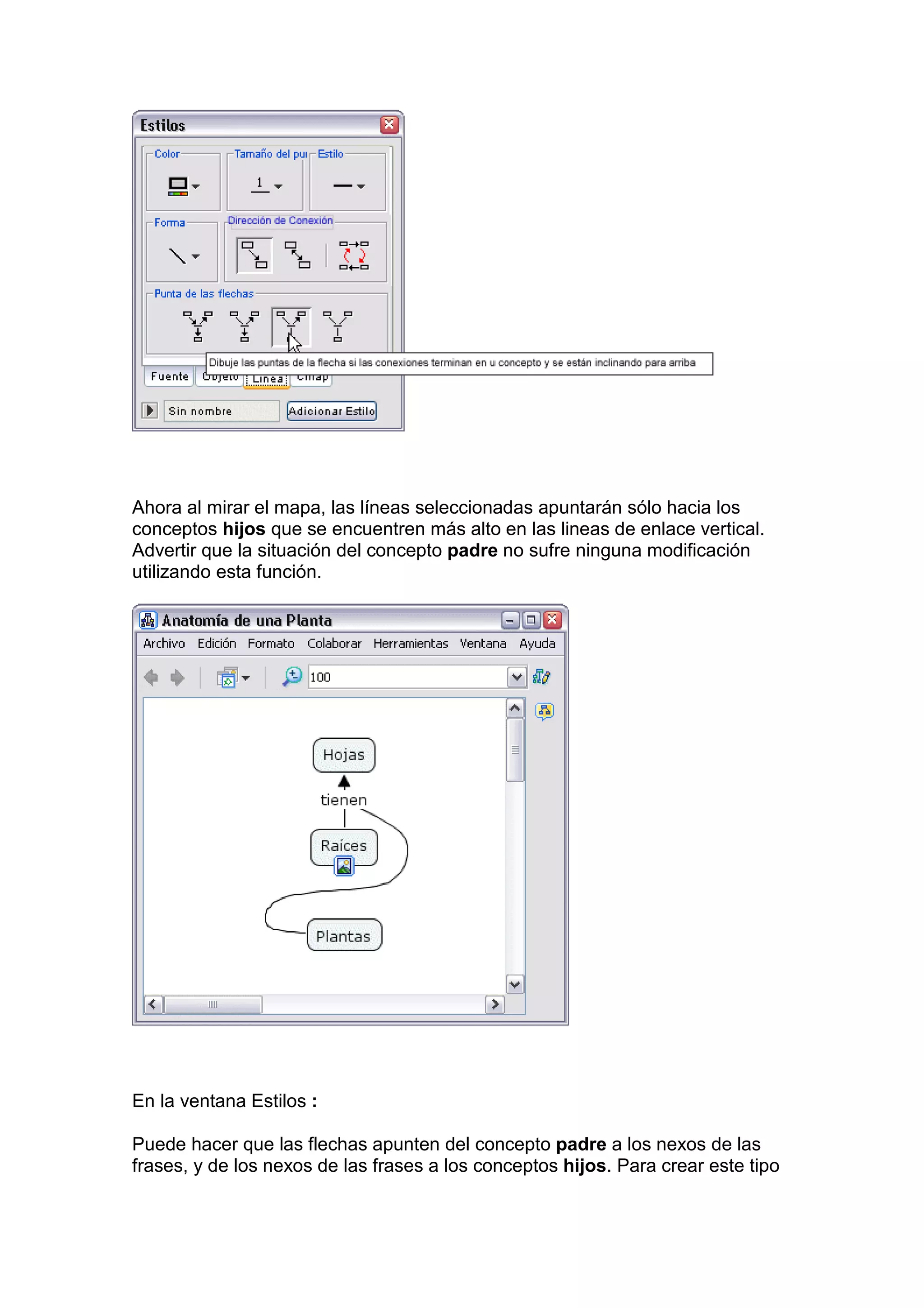 Ahora al mirar el mapa, las líneas seleccionadas apuntarán sólo hacia los
conceptos hijos que se encuentren más alto en las lineas de enlace vertical.
Advertir que la situación del concepto padre no sufre ninguna modificación
utilizando esta función.




En la ventana Estilos :

Puede hacer que las flechas apunten del concepto padre a los nexos de las
frases, y de los nexos de las frases a los conceptos hijos. Para crear este tipo
 