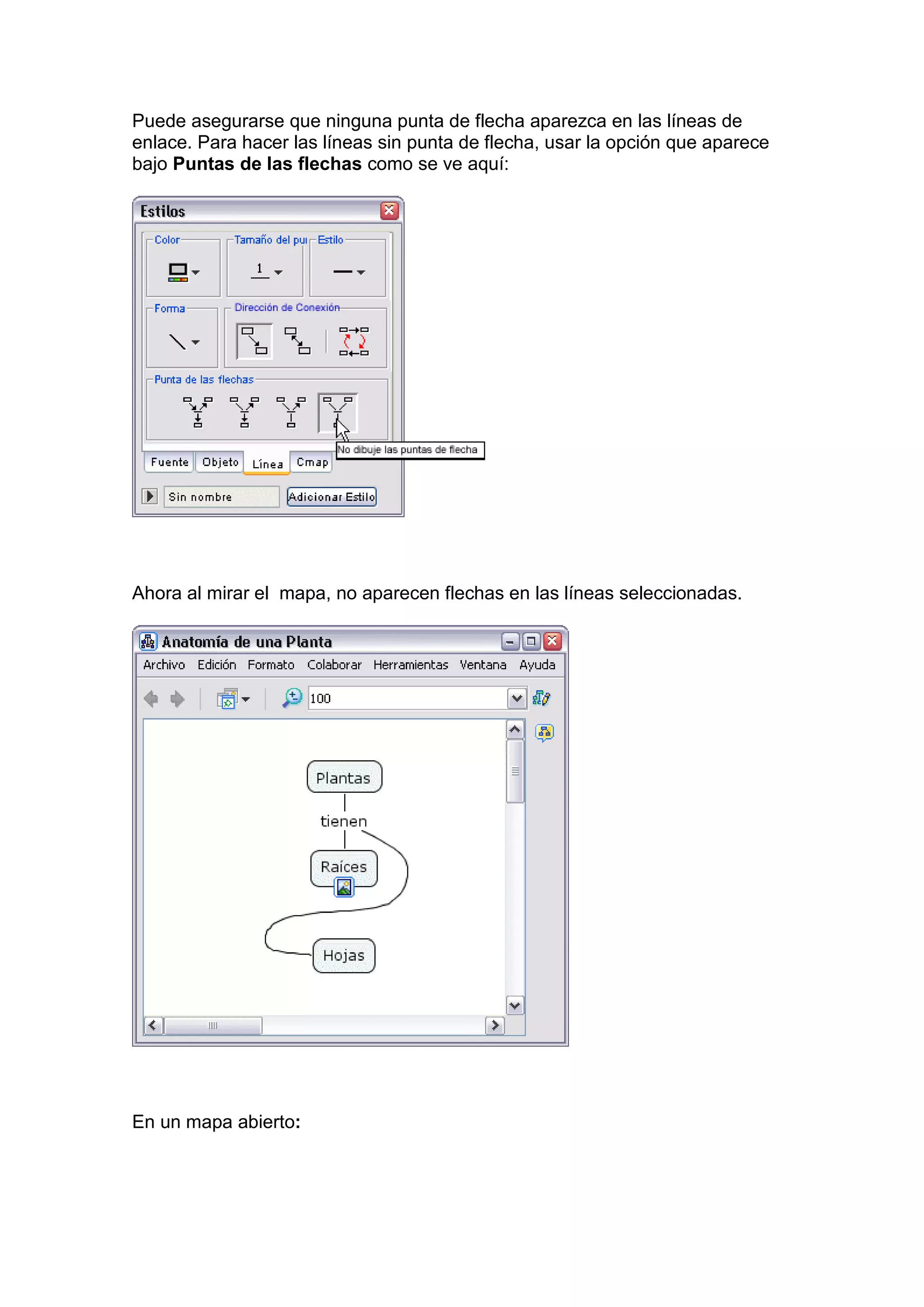 Puede asegurarse que ninguna punta de flecha aparezca en las líneas de
enlace. Para hacer las líneas sin punta de flecha, usar la opción que aparece
bajo Puntas de las flechas como se ve aquí:




Ahora al mirar el mapa, no aparecen flechas en las líneas seleccionadas.




En un mapa abierto:
 