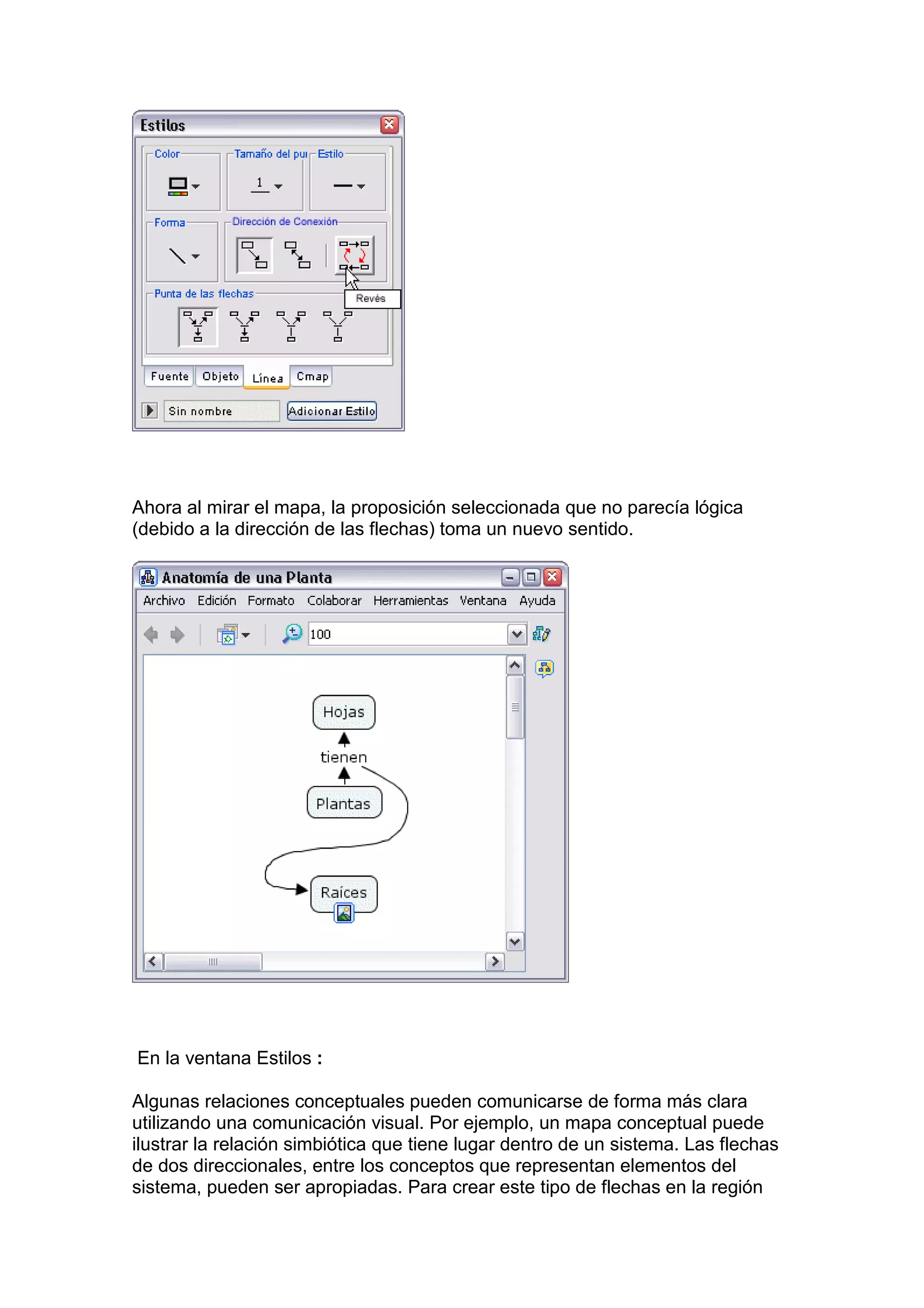 Ahora al mirar el mapa, la proposición seleccionada que no parecía lógica
(debido a la dirección de las flechas) toma un nuevo sentido.




En la ventana Estilos :

Algunas relaciones conceptuales pueden comunicarse de forma más clara
utilizando una comunicación visual. Por ejemplo, un mapa conceptual puede
ilustrar la relación simbiótica que tiene lugar dentro de un sistema. Las flechas
de dos direccionales, entre los conceptos que representan elementos del
sistema, pueden ser apropiadas. Para crear este tipo de flechas en la región
 
