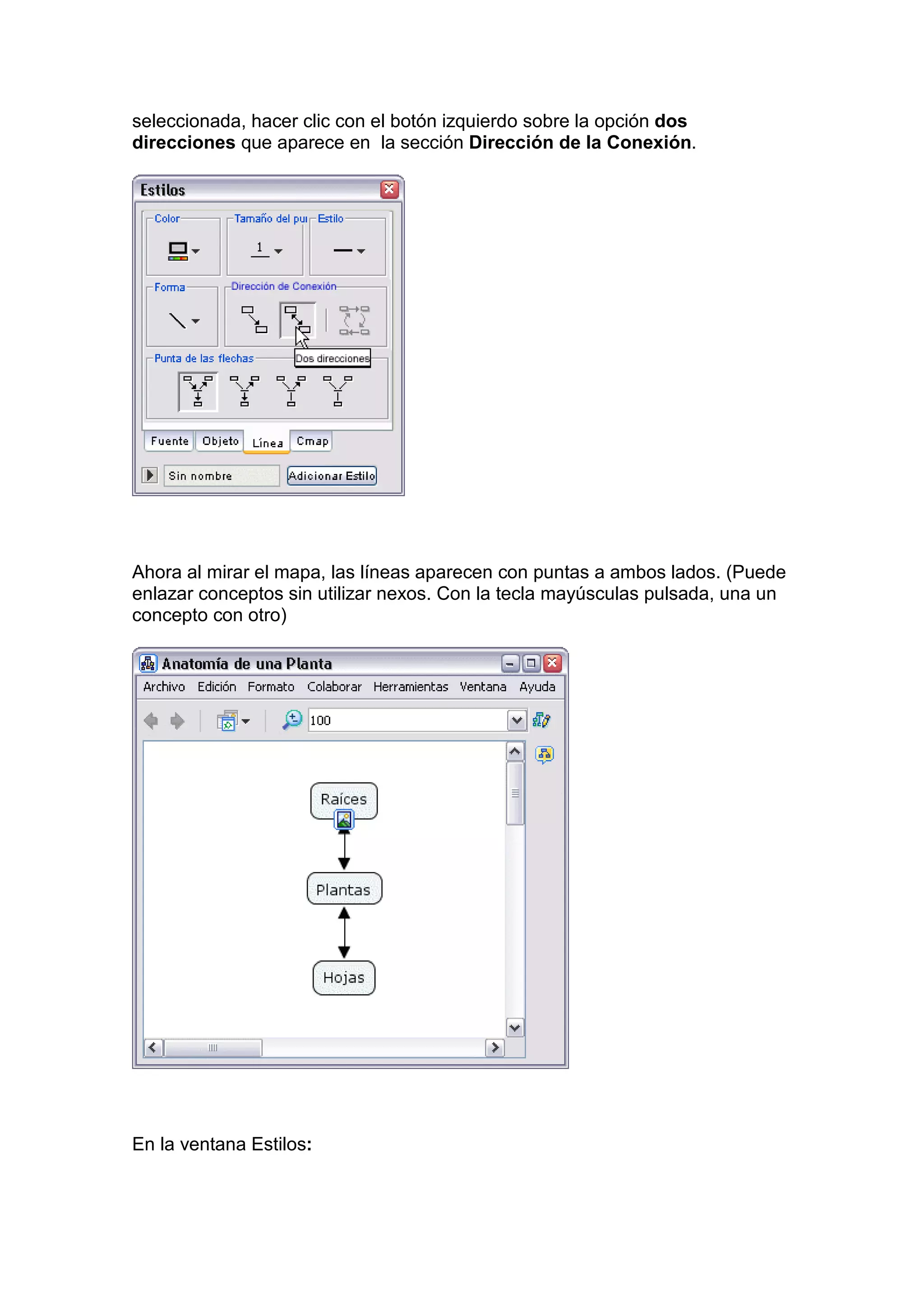 seleccionada, hacer clic con el botón izquierdo sobre la opción dos
direcciones que aparece en la sección Dirección de la Conexión.




Ahora al mirar el mapa, las líneas aparecen con puntas a ambos lados. (Puede
enlazar conceptos sin utilizar nexos. Con la tecla mayúsculas pulsada, una un
concepto con otro)




En la ventana Estilos:
 