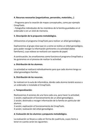 4. Recursos necesarios (organizativos, personales, materiales,..)

- Programa para la creación de mapas conceptuales, como por ejemplo
CmapTools.
- Fotografías individuales de los miembros de la familia guardados en el
ordenador o en un stick de memoria.

5. Descripción de la propuesta metodológica.

Utilizaremos el programa CmapTools para realizar un árbol genealógico.

Explicaremos al grupo-clase que es y como se realiza un árbol genealógico,
para poder recoger la información pertinente a la actividad (datos
familiares), cuyo esbozo se realizará con soporte de papel.

A continuación, les enseñaremos como funciona el programa CmapTools y
les guiaremos en el proceso de realizar la actividad.

a. Distribución de los alumnos.

La actividad se realizará individualmente para que cada alumno tenga su
árbol genealógico familiar.

b. Distribución de los recursos.

Se realizará en la aula de informática, donde cada alumno tendrá acceso a
un ordenador e instalado el CmapTools.

c. Temporalización:

Realizaremos 4 sesiones de una hora cada una, para hacer la actividad;
1 sesión; explicación el funcionamiento de un árbol genealógico.
2 sesión; destinada a recoger información de la familia en particular del
alumno.
3 sesión; explicación el funcionamiento de CmapTools.
4 sesión; realización del árbol genealógico.

d. Evaluación de los alumnos y propuesta metodológica.

La evaluación se llevara a cabo en forma de cuadrícula, cuyos ítems a
tener en cuenta serán los siguientes:
 