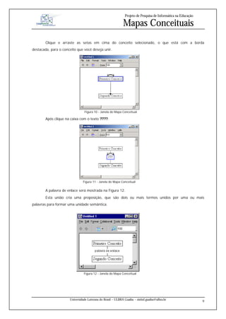 Projeto de Pesquisa de Informática na Educação

                                                             Mapas Conceituais
        Clique e arraste as setas em cima do conceito selecionado, o que está com a borda
destacada, para o conceito que você deseja unir.




                                Figura 10 - Janela do Mapa Conceitual

        Após clique na caixa com o texto ????.




                               Figura 11 - Janela do Mapa Conceitual

        A palavra de enlace será mostrada na Figura 12.
        Esta união cria uma proposição, que são dois ou mais termos unidos por uma ou mais
palavras para formar uma unidade semântica.




                                Figura 12 - Janela do Mapa Conceitual




                      Universidade Luterana do Brasil – ULBRA Guaíba – sistinf.guaiba@ulbra.br
                                                                                                                9
 