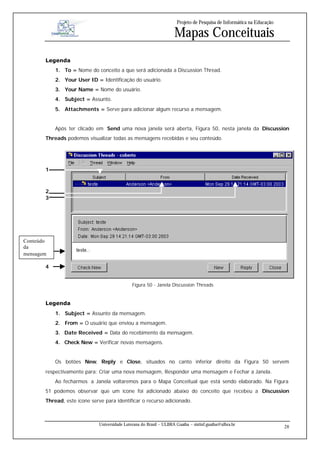 Projeto de Pesquisa de Informática na Educação

                                                                     Mapas Conceituais
       Legenda
           1. To = Nome do conceito a que será adicionada a Discussion Thread.
           2. Your User ID = Identificação do usuário.
           3. Your Name = Nome do usuário.
           4. Subject = Assunto.
           5. Attachments = Serve para adicionar algum recurso a mensagem.


           Após ter clicado em Send uma nova janela será aberta, Figura 50, nesta janela da Discussion
       Threads podemos visualizar todas as mensagens recebidas e seu conteúdo.




       1



       2
       3




Conteúdo
da
mensagem

       4


                                               Figura 50 - Janela Discussion Threads


       Legenda
           1. Subject = Assunto da mensagem.
           2. From = O usuário que enviou a mensagem.
           3. Date Received = Data do recebimento da mensagem.
           4. Check New = Verificar novas mensagens.


           Os botões New, Reply e Close, situados no canto inferior direito da Figura 50 servem
       respectivamente para: Criar uma nova mensagem, Responder uma mensagem e Fechar a Janela.
           Ao fecharmos a Janela voltaremos para o Mapa Conceitual que está sendo elaborado. Na Figura
       51 podemos observar que um ícone foi adicionado abaixo do conceito que recebeu a Discussion
       Thread, este ícone serve para identificar o recurso adicionado.



                              Universidade Luterana do Brasil – ULBRA Guaíba – sistinf.guaiba@ulbra.br
                                                                                                                        28
 