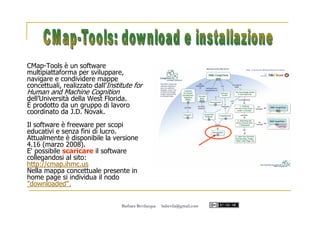 CMap-Tools è un software
multipiattaforma per sviluppare,
navigare e condividere mappe
concettuali, realizzato dall’Institute for
Human and Machine Cognition
dell’Università della West Florida.
È prodotto da un gruppo di lavoro
coordinato da J.D. Novak.
Il software è freeware per scopi
educativi e senza fini di lucro.
Attualmente è disponibile la versione
4.16 (marzo 2008).
E' possibile scaricare il software
collegandosi al sito:
http://cmap.ihmc.us
Nella mappa concettuale presente in
home page si individua il nodo
downloaded.


                                  Barbara Bevilacqua   babevila@gmail.com
 