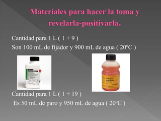 Cantidad para 1 L ( 1 + 9 )
Son 100 mL de fijador y 900 mL de agua ( 20ºC )




Cantidad para 1 L ( 1 + 19 )
Es 50 mL de paro y 950 mL de agua ( 20ºC )
 