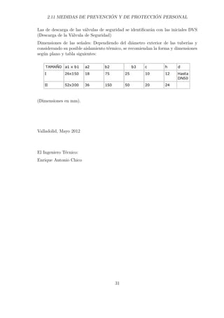 2.11 MEDIDAS DE PREVENCIÓN Y DE PROTECCIÓN PERSONAL 
Las de descarga de las válvulas de seguridad se identificarán con las iniciales DVS 
(Descarga de la Válvula de Seguridad) 
Dimensiones de las señales: Dependiendo del diámetro exterior de las tuberías y 
considerando su posible aislamiento térmico, se recomiendan la forma y dimensiones 
según plano y tabla siguientes: 
(Dimensiones en mm). 
Valladolid, Mayo 2012 
El Ingeniero Técnico: 
Enrique Antonio Chico 
31 
 