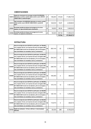 CIMENTACIONES 
CSZ010 
Zapata de cimentación de hormigón armado HA-25/B/20/IIa 
fabricado en central y vertido desde camión, acero UNE-EN 
10080 B 500 S, cuantía 50 kg/m³. 
m³ 139,26 € 516,04 71.863,73 € 
CAV010 
Viga centradora, HA-25/B/20/IIa fabricado en central y vertido 
desde camión, acero UNE-EN 10080 B 500 S, cuantía 60 
kg/m³. 
m³ 122,63 € 19,87 2.436,66 € 
CSZ020 
Encofrado perdido de bloque de hormigón de 12 cm de 
espesor, en viga centradora para cimentación. 
m² 16,60 € 99,34 1.649,04 € 
CAV020 
Encofrado perdido de bloque de hormigón de 12 cm de 
espesor, en zapata de cimentación. 
m² 18,42 € 627,32 11.555,23 € 
TOTAL 87.504,67 € 
ESTRUCTURA 
EAS006 
Placa de anclaje de acero S275JR en perfil plano, de 700x850 
mm y espesor 40 mm, con 8 pernos de acero corrugado UNE-EN 
10080 B 500 S de 40 mm de diámetro y 95 cm de longitud 
total, atornillados con arandelas, tuerca y contratuerca. 
Ud 263,14 € 22 5.789,08 € 
EAS006 
Placa de anclaje de acero S275JR en perfil plano, de 600x750 
mm y espesor 40 mm, con 8 pernos de acero corrugado UNE-EN 
10080 B 500 S de 32 mm de diámetro y 75 cm de longitud 
total, atornillados con arandelas, tuerca y contratuerca. 
Ud 254,34 € 2 508,68 € 
EAS006 
Placa de anclaje de acero S275JR en perfil plano, de 550x700 
mm y espesor 40 mm, con 8 pernos de acero corrugado UNE-EN 
10080 B 500 S de 25 mm de diámetro y 80 cm de longitud 
total, atornillados con arandelas, tuerca y contratuerca. 
Ud 248,75 € 2 497,50 € 
EAS006 
Placa de anclaje de acero S275JR en perfil plano, de 400x600 
mm y espesor 22 mm, con 4 pernos de acero corrugado UNE-EN 
10080 B 500 S de 25 mm de diámetro y 60 cm de longitud 
total, atornillados con arandelas, tuerca y contratuerca. 
Ud 194,28 € 2 388,56 € 
EAS006 
Placa de anclaje de acero S275JR en perfil plano, de 350x600 
mm y espesor 22 mm, con 4 pernos de acero corrugado UNE-EN 
10080 B 500 S de 20 mm de diámetro y 40 cm de longitud 
total, atornillados con arandelas, tuerca y contratuerca. 
Ud 147,31 € 12 1.767,72 € 
EAS006 
Placa de anclaje de acero S275JR en perfil plano, de 350x500 
mm y espesor 18 mm, con 6 pernos de acero corrugado UNE-EN 
10080 B 500 S de 20 mm de diámetro y 55 cm de longitud 
total, atornillados con arandelas, tuerca y contratuerca 
Ud 125,15 € 11 1.376,65 € 
EAS006 
Placa de anclaje de acero S275JR en perfil plano, de 300x400 
mm y espesor 15 mm, con 6 pernos de acero corrugado UNE-EN 
10080 B 500 S de 16 mm de diámetro y 55 cm de longitud 
total, atornillados con arandelas, tuerca y contratuerca. 
Ud 114,67 € 3 344,01 € 
EAT030 
Rejilla de ventilación - 417mm x 297mm x 1.2mm.Acabado 
Satinado. 
Ud 30,40 € 288 8.755,20 € 
38 
 