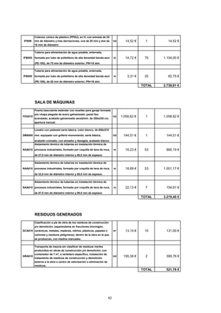 IFI009 
Colector cónico de plástico (PPSU), en H, con entrada de 25 
mm de diámetro y tres derivaciones, una de 20 mm y dos de 
16 mm de diámetro 
Ud 14,52 € 1 14,52 € 
IFB005 
Tubería para alimentación de agua potable, enterrada, 
formada por tubo de polietileno de alta densidad banda azul 
(PE-100), de 75 mm de diámetro exterior, PN=16 atm. 
m 14,72 € 75 1.104,00 € 
IFB005 
Tubería para alimentación de agua potable, enterrada, 
formada por tubo de polietileno de alta densidad banda azul 
(PE-100), de 20 mm de diámetro exterior, PN=16 atm. 
m 3,31 € 25 82,75 € 
TOTAL 2.738,61 € 
SALA DE MÁQUINAS 
FDG010 
Puerta basculante estándar con muelles para garaje formada 
por chapa plegada de acero galvanizado, panel liso 
acanalado, acabado galvanizado sendzimir, de 250x230 cm, 
apertura manual. 
Ud 1.058,62 € 1 1.058,62 € 
SMS005 
Lavabo con pedestal serie básica, color blanco, de 650x510 
mm, equipado con grifería monomando, serie básica, 
acabado cromado, con aireador y desagüe, acabado blanco. 
Ud 144,51 € 1 144,51 € 
NAA010 
Aislamiento térmico de tuberías en instalación térmica de 
procesos industriales, formado por coquilla de lana de roca, 
de 27,0 mm de diámetro interior y 80,0 mm de espesor. 
m 16,23 € 53 860,19 € 
NAA010 
Aislamiento térmico de tuberías en instalación térmica de 
procesos industriales, formado por coquilla de lana de roca, 
de 33,0 mm de diámetro interior y 80,0 mm de espesor. 
m 18,89 € 53 1.001,17 € 
NAA010 
Aislamiento térmico de tuberías en instalación térmica de 
procesos industriales, formado por coquilla de lana de roca, 
de 57,0 mm de diámetro interior y 80,0 mm de espesor. 
m 22,13 € 7 154,91 € 
TOTAL 3.219,40 € 
RESIDUOS GENERADOS 
GCA010 
Clasificación a pie de obra de los residuos de construcción 
y/o demolición, separándolos en fracciones (hormigón, 
cerámicos, metales, maderas, vidrios, plásticos, papeles o 
cartones y residuos peligrosos), dentro de la obra en la que 
se produzcan, con medios manuales. 
m³ 13,10 € 10 131,00 € 
GRA010 
Transporte de mezcla sin clasificar de residuos inertes 
producidos en obras de construcción y/o demolición, con 
contenedor de 7 m³, a vertedero específico, instalación de 
tratamiento de residuos de construcción y demolición 
externa a la obra o centro de valorización o eliminación de 
residuos. 
Ud 195,38 € 2 390,76 € 
TOTAL 521,76 € 
42 
 