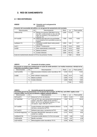 3 
2. RED DE SANEAMIENTO 
2.1 RED ENTERRADA 
ASB020 Ud Conexión con la red general de 
saneamiento. 
Conexión de la acometida del edificio a la red general de saneamiento del municipio. 
Descompuesto Ud Descomposición Rend. p.s. Precio partida 
mt09mor010c m³ Mortero de cemento CEM II/B-P 32,5 N 
tipo M-5, confeccionado en obra con 250 
kg/m³ de cemento y una proporción en 
volumen 1/6. 
0,065 112,32 7,30 
mt11var200 Ud Material para ejecución de junta flexible 
en el empalme de la acometida al pozo de 
registro. 
1,000 14,90 14,90 
mq05pdm110 h Compresor portátil diesel media presión 
10 m³/min. 
0,993 6,82 6,77 
mo011 h Oficial 1ª construcción. 2,756 14,44 39,80 
mo059 h Peón especializado construcción. 4,135 14,22 58,80 
% Medios auxiliares 2,000 127,57 2,55 
% Costes indirectos 3,000 130,12 3,90 
Coste de mantenimiento decenal: 6,70 € en los primeros 10 años. 
Total: 134,02 
ADE010 m³ Excavación de zanjas y pozos. 
Excavación en zanjas para instalaciones en suelo de arcilla semidura, con medios mecánicos, retirada de los 
materiales excavados y carga a camión. 
Descompuesto Ud Descomposición Rend. p.s. Precio partida 
mq01exn020b h Retroexcavadora hidráulica sobre neumáticos 100 
CV. 
0,332 43,42 14,42 
mo060 h Peón ordinario construcción. 0,232 14,31 3,32 
% Medios auxiliares 2,000 17,74 0,35 
% Costes indirectos 3,000 18,09 0,54 
Total: 18,63 
ASB010 
m 
Acometida general de saneamiento. 
Acometida general de saneamiento a la red general del municipio, de PVC liso, serie SN-4, rigidez anular 
nominal 4 kN/m², de 315 mm de diámetro, pegado mediante adhesivo. 
Descompuesto Ud Descomposición Rend. p.s. Precio partida 
mt01ara010 m³ Arena de 0 a 5 mm de diámetro. 0,501 12,02 6,02 
mt11tpb030af m Tubo de PVC liso, para saneamiento enterrado sin 
presión, serie SN-4, rigidez anular nominal 4 
kN/m², de 315 mm de diámetro exterior y 7,7 mm 
de espesor, según UNE-EN 1401-1. 
1,050 66,18 69,49 
mt11var009 l Líquido limpiador para pegado mediante adhesivo 
de tubos y accesorios de PVC. 
0,124 9,58 1,19 
mt11var010 l Adhesivo para tubos y accesorios de PVC. 0,062 20,24 1,25 
mt10hmf010agcbcba m³ Hormigón HM-20/P/20/I, fabricado en central, 
vertido con cubilote. 
0,107 64,63 6,92 
mq05pdm010b h Compresor portátil eléctrico 5 m³/min de caudal. 1,075 6,88 7,40 
mq05mai030 h Martillo neumático. 1,075 4,07 4,38 
mq01ret020a h Retrocargadora sobre neumáticos 75 CV. 0,030 36,98 1,11 
 