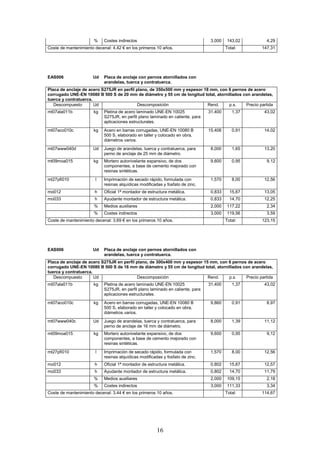 % Costes indirectos 3,000 143,02 4,29 
Coste de mantenimiento decenal: 4,42 € en los primeros 10 años. 
Total: 147,31 
EAS006 Ud Placa de anclaje con pernos atornillados con 
arandelas, tuerca y contratuerca. 
Placa de anclaje de acero S275JR en perfil plano, de 350x500 mm y espesor 18 mm, con 6 pernos de acero 
corrugado UNE-EN 10080 B 500 S de 20 mm de diámetro y 55 cm de longitud total, atornillados con arandelas, 
tuerca y contratuerca. 
Descompuesto Ud Descomposición Rend. p.s. Precio partida 
mt07ala011b kg Pletina de acero laminado UNE-EN 10025 
S275JR, en perfil plano laminado en caliente, para 
aplicaciones estructurales. 
16 
31,400 1,37 43,02 
mt07aco010c kg Acero en barras corrugadas, UNE-EN 10080 B 
500 S, elaborado en taller y colocado en obra, 
diámetros varios. 
15,406 0,91 14,02 
mt07www040d Ud Juego de arandelas, tuerca y contratuerca, para 
perno de anclaje de 25 mm de diámetro. 
8,000 1,65 13,20 
mt09moa015 kg Mortero autonivelante expansivo, de dos 
componentes, a base de cemento mejorado con 
resinas sintéticas. 
9,600 0,95 9,12 
mt27pfi010 l Imprimación de secado rápido, formulada con 
resinas alquídicas modificadas y fosfato de zinc. 
1,570 8,00 12,56 
mo012 h Oficial 1ª montador de estructura metálica. 0,833 15,67 13,05 
mo033 h Ayudante montador de estructura metálica. 0,833 14,70 12,25 
% Medios auxiliares 2,000 117,22 2,34 
% Costes indirectos 3,000 119,56 3,59 
Coste de mantenimiento decenal: 3,69 € en los primeros 10 años. 
Total: 123,15 
EAS006 Ud Placa de anclaje con pernos atornillados con 
arandelas, tuerca y contratuerca. 
Placa de anclaje de acero S275JR en perfil plano, de 300x400 mm y espesor 15 mm, con 6 pernos de acero 
corrugado UNE-EN 10080 B 500 S de 16 mm de diámetro y 55 cm de longitud total, atornillados con arandelas, 
tuerca y contratuerca. 
Descompuesto Ud Descomposición Rend. p.s. Precio partida 
mt07ala011b kg Pletina de acero laminado UNE-EN 10025 
S275JR, en perfil plano laminado en caliente, para 
aplicaciones estructurales. 
31,400 1,37 43,02 
mt07aco010c kg Acero en barras corrugadas, UNE-EN 10080 B 
500 S, elaborado en taller y colocado en obra, 
diámetros varios. 
9,860 0,91 8,97 
mt07www040c Ud Juego de arandelas, tuerca y contratuerca, para 
perno de anclaje de 16 mm de diámetro. 
8,000 1,39 11,12 
mt09moa015 kg Mortero autonivelante expansivo, de dos 
componentes, a base de cemento mejorado con 
resinas sintéticas. 
9,600 0,95 9,12 
mt27pfi010 l Imprimación de secado rápido, formulada con 
resinas alquídicas modificadas y fosfato de zinc. 
1,570 8,00 12,56 
mo012 h Oficial 1ª montador de estructura metálica. 0,802 15,67 12,57 
mo033 h Ayudante montador de estructura metálica. 0,802 14,70 11,79 
% Medios auxiliares 2,000 109,15 2,18 
% Costes indirectos 3,000 111,33 3,34 
Coste de mantenimiento decenal: 3,44 € en los primeros 10 años. 
Total: 114,67 
 
